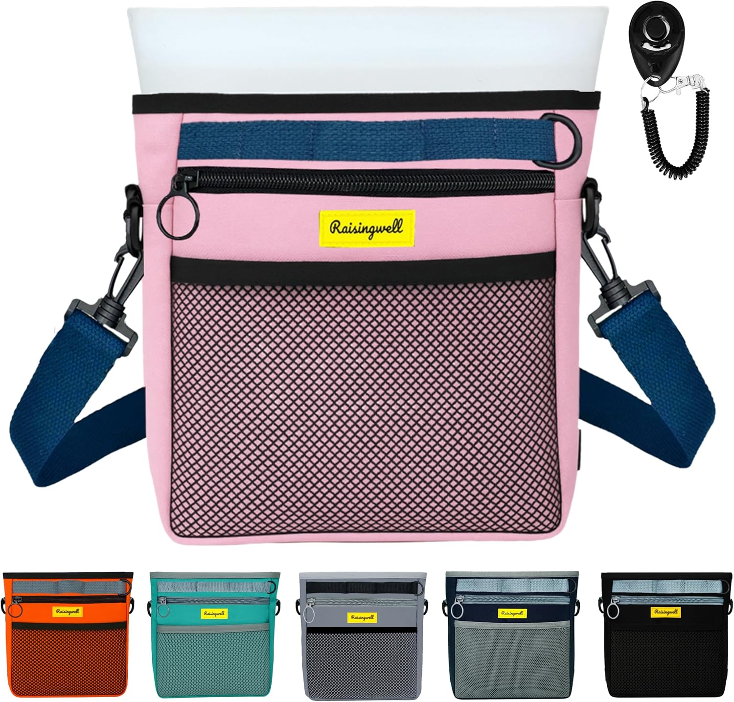 Raisingwell Dog Treat Pouch with Magnetic Closure 4-Cup Silicone Bag Fanny Pack Holder with Clicker 4 Ways to Wear Front Pocket Fits All Phones Ideal for Leash, Pet Walking and Training（Pink）