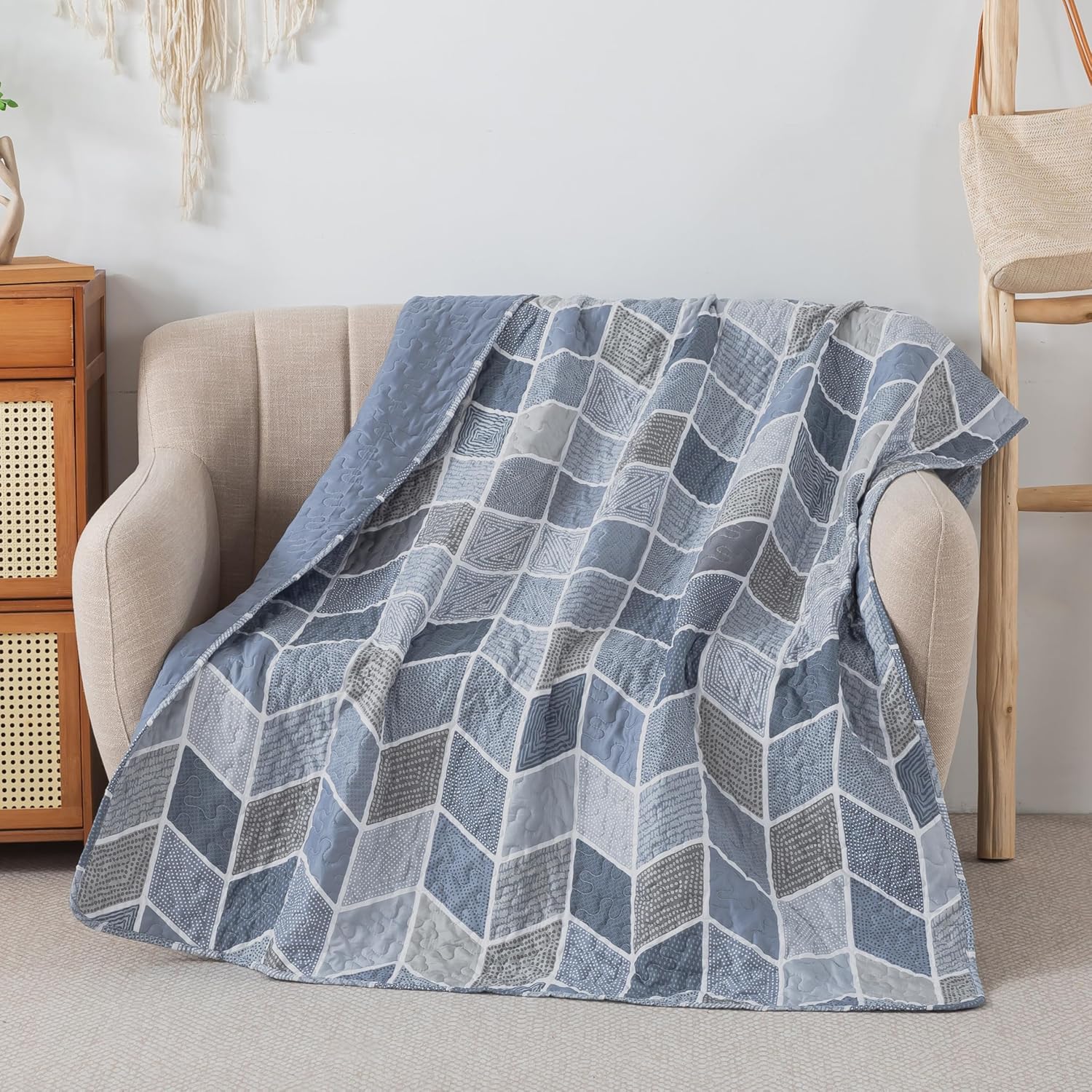 SLPR Heather 50" x 60" Quilted Throw Blanket: Lightweight Chevron Quilt, Cream and Blue Lap Comforter, Zig Zag Farmhouse Coverlet, Summer Quilted Blanket for Couch and Bed - Image 8