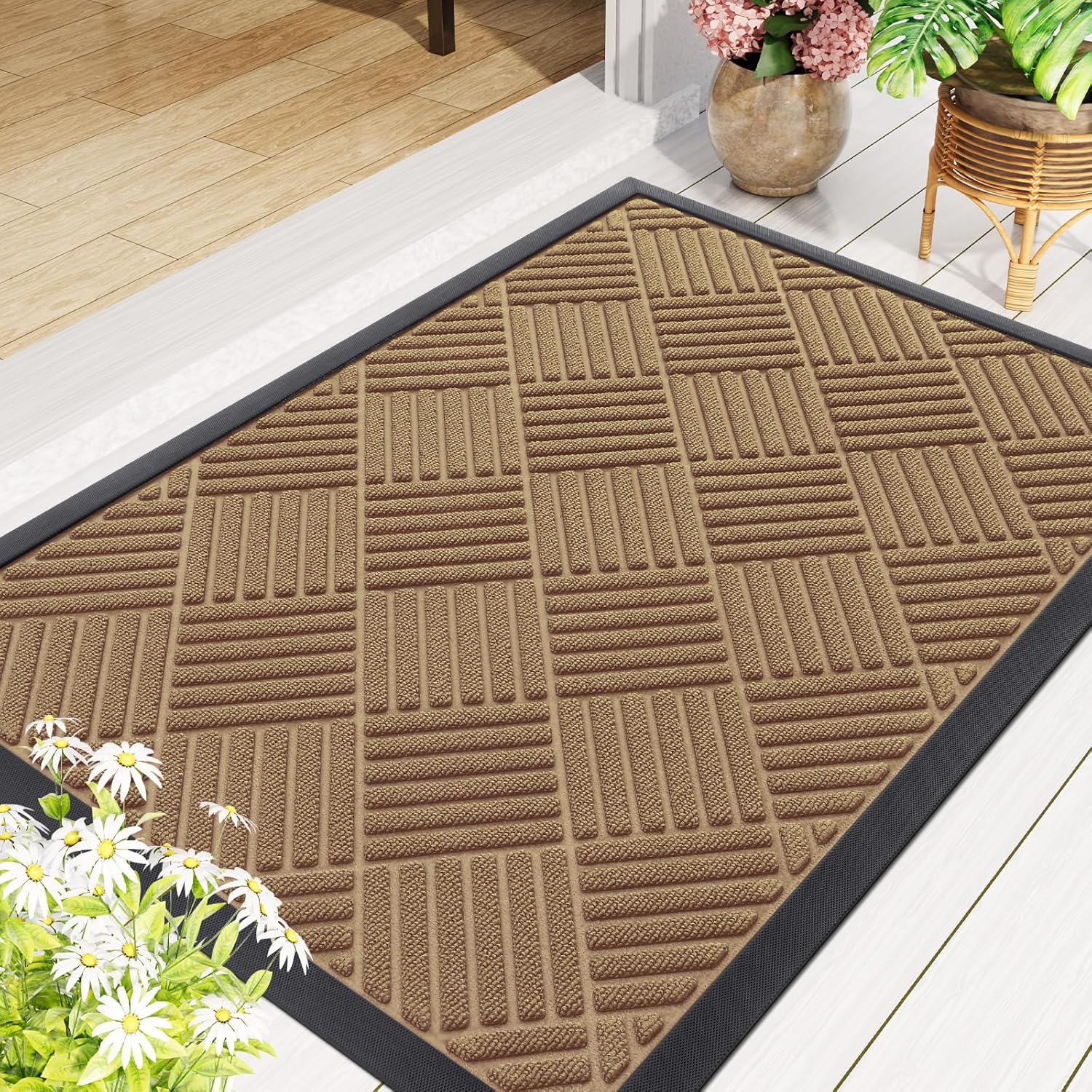 Smiry Front Door Mat Outside Entrance, Heavy Duty Outdoor Indoor Natural Rubber Doormat, Non Slip, Trap Dirt and Moisture, Easy Clean, Low Profile Patio Porch Entryway Mat, 35x23, Coffee