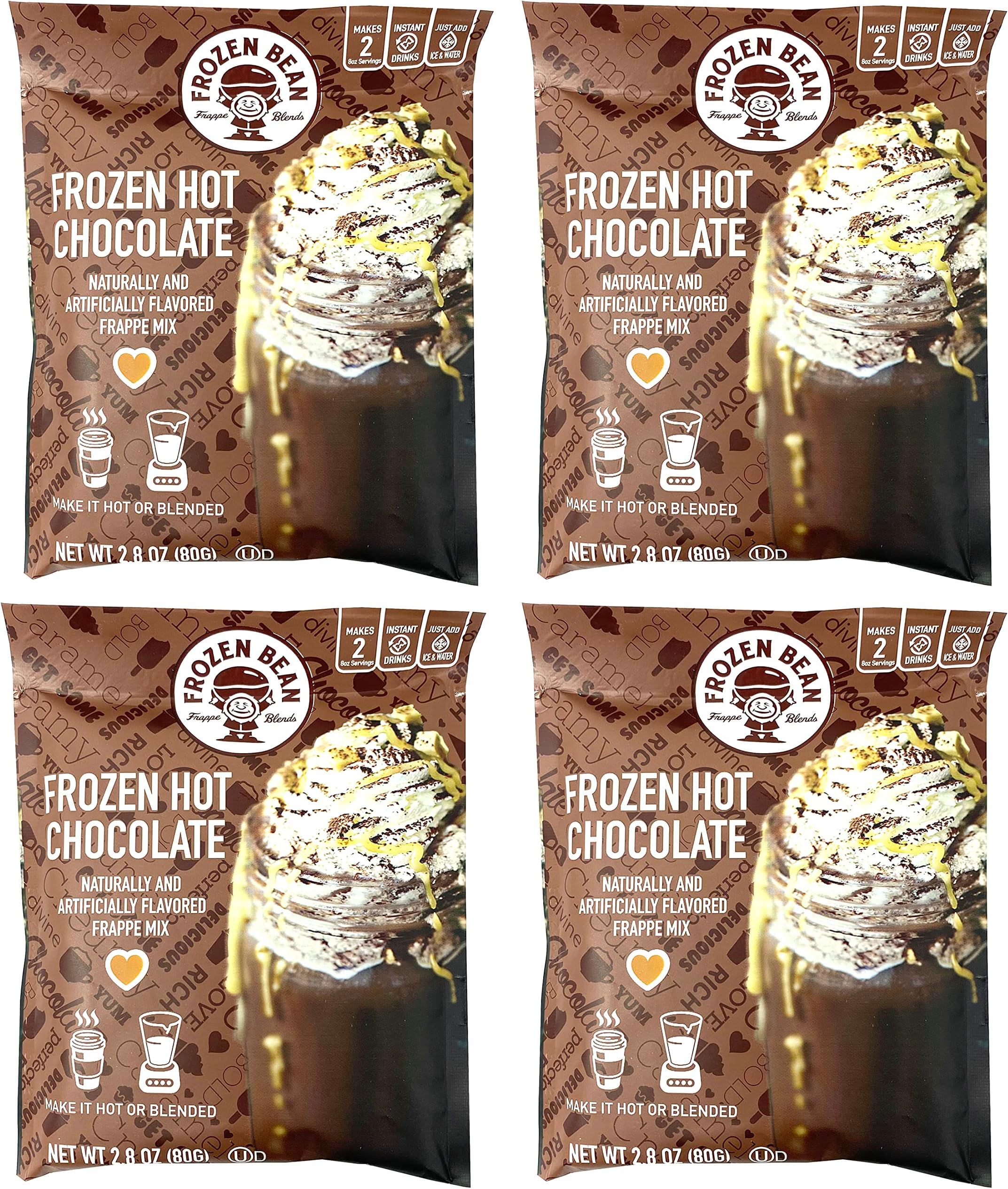 Frozen Bean Frappe Mix Frozen Hot Chocolate Pack of 4 – Instant Frappe Mix, Caffeine-Free Frappe Mix, Makes 2 Eight Ounce Servings Per Pack