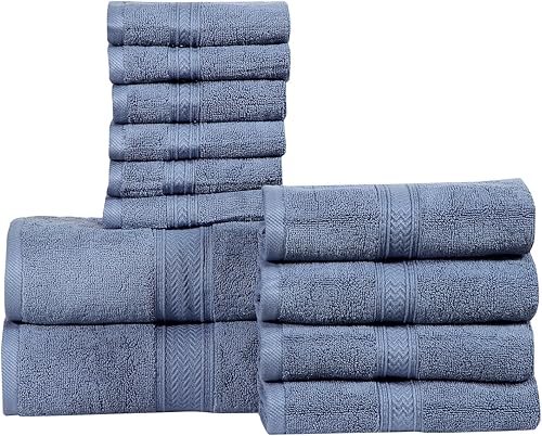 Vista 2 de HILLFAIR Juego de 12 toallas de algodón de 21.16 oz/m², 2 toallas de baño, 4 toallas de mano, 6 toallas de baño, toallas absorbentes de algodón Azul