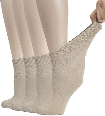 Hugh Ugoli Womens Cotton Diabetic Ankle Socks, Wide, Thin, Loose Fit and Stretchy, Seamless Toe, Non Binding Top, 4 Pairs