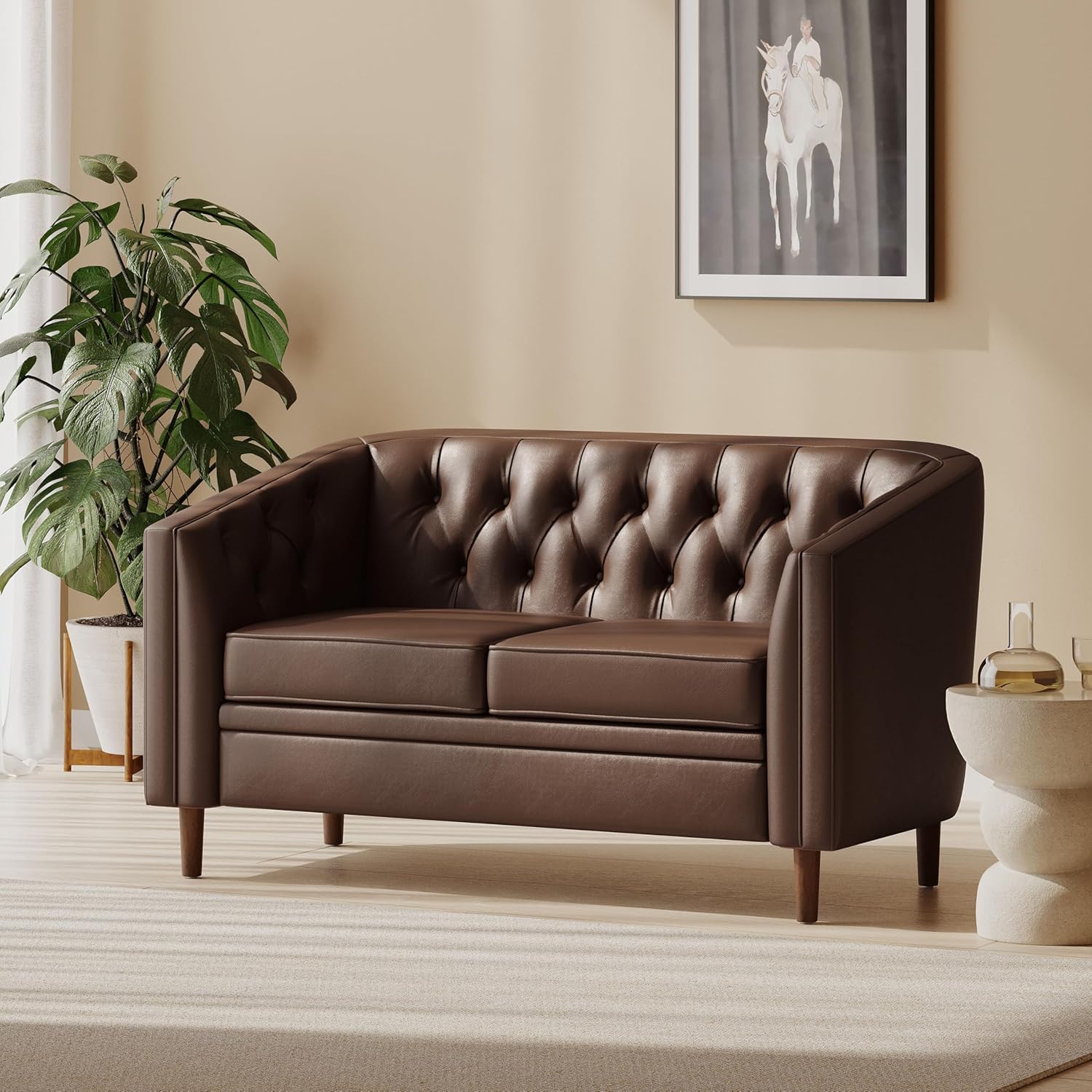 Christopher Knight Home Contemporary Tufted and Diamond Stitching Faux Leather Loveseat,Tub-Design 2-Seater Sofa,Removable Cushions,Birch Wood Legs,Square Arms,Dark Brown and Espresso