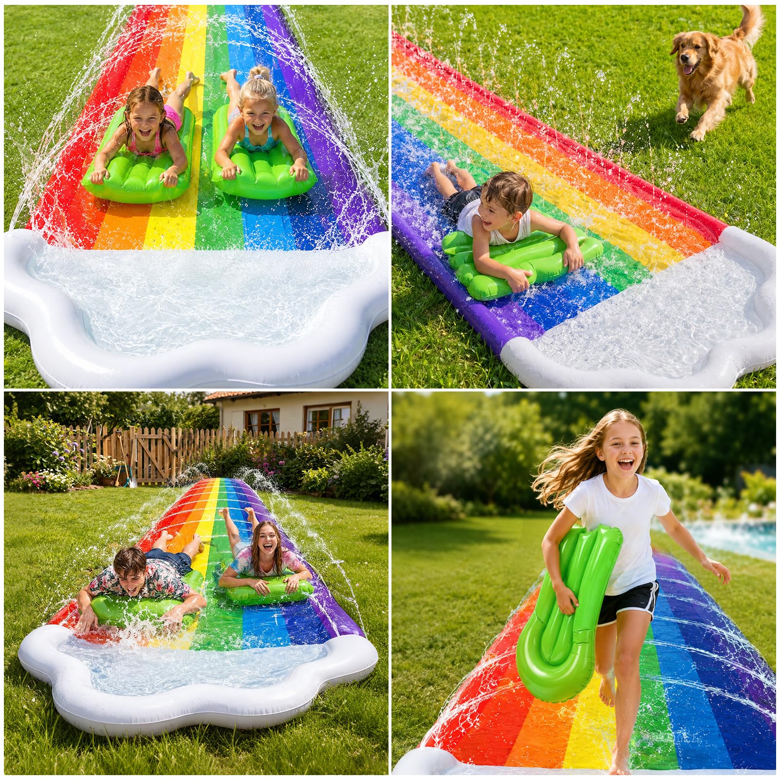 Morofme Toboggan aquatique arc-en-ciel pour enfants, 480 x 140 cm, double toboggan d'eau avec planche de bodyboard, toboggan d'eau avec pulvérisateur d'eau, pour adultes, enfants, extérieur, pour