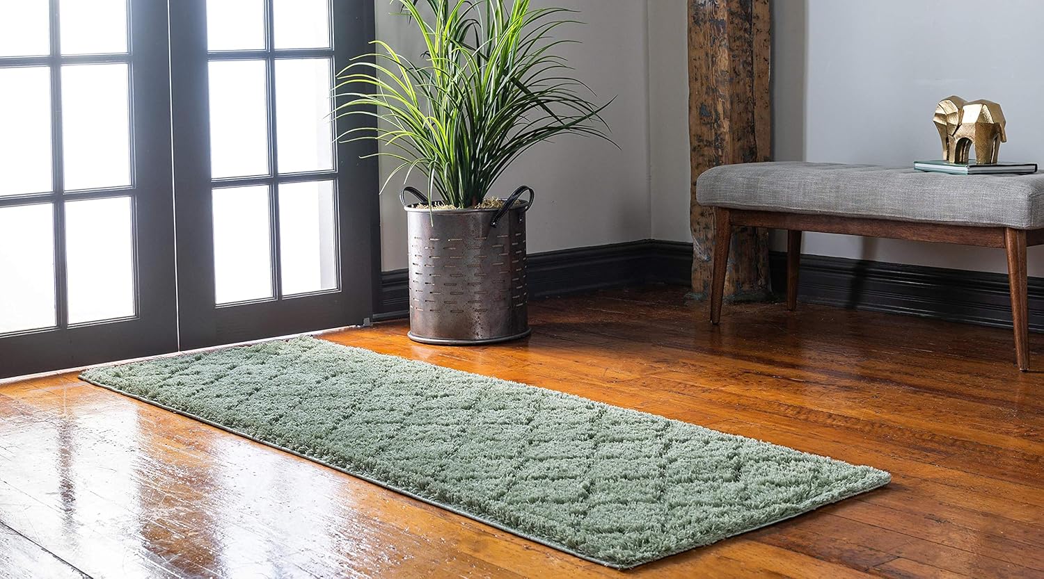 Unique Loom Trellis Shag Collection Plush Geometric Modern Moroccan Lattice Green Runner Rug (2' 0 x 6' 7)