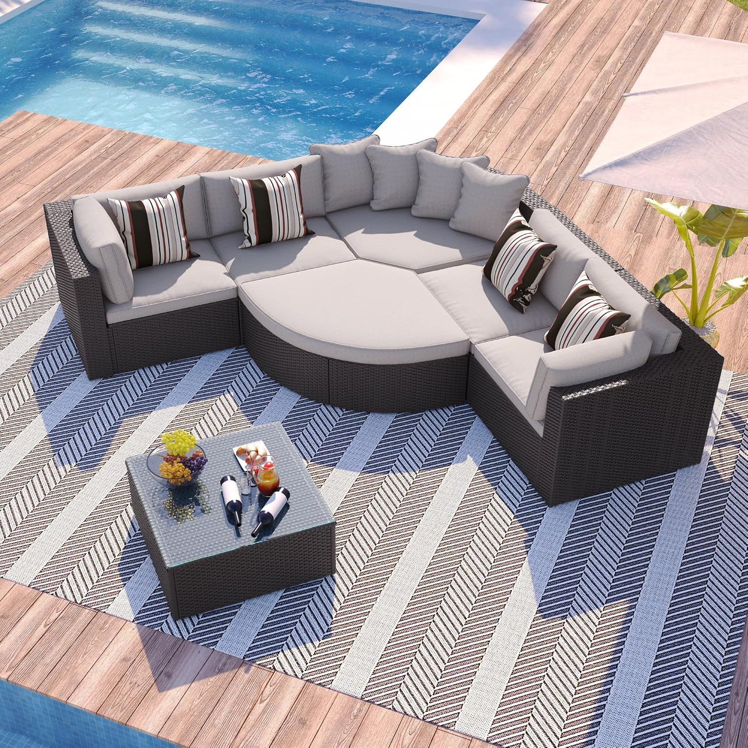 LOCCUS 7-Piece Outdoor Wicker Sectional Sofa Set, PE Rattan Sofa Lounger with Colorful Pillows and Cushions, All Weather P... - Review, Price and Buying Guide