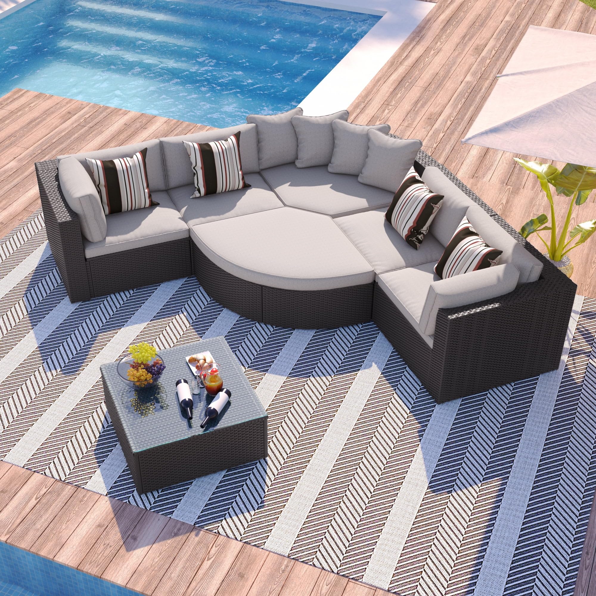 LOCCUS 7-Piece Outdoor Wicker Sectional Sofa Set, PE Rattan Sofa Lounger with Colorful Pillows and Cushions, All Weather Patio Conversation Set for Garden Backyard Deck(Dark Brown and Beige)-image-14