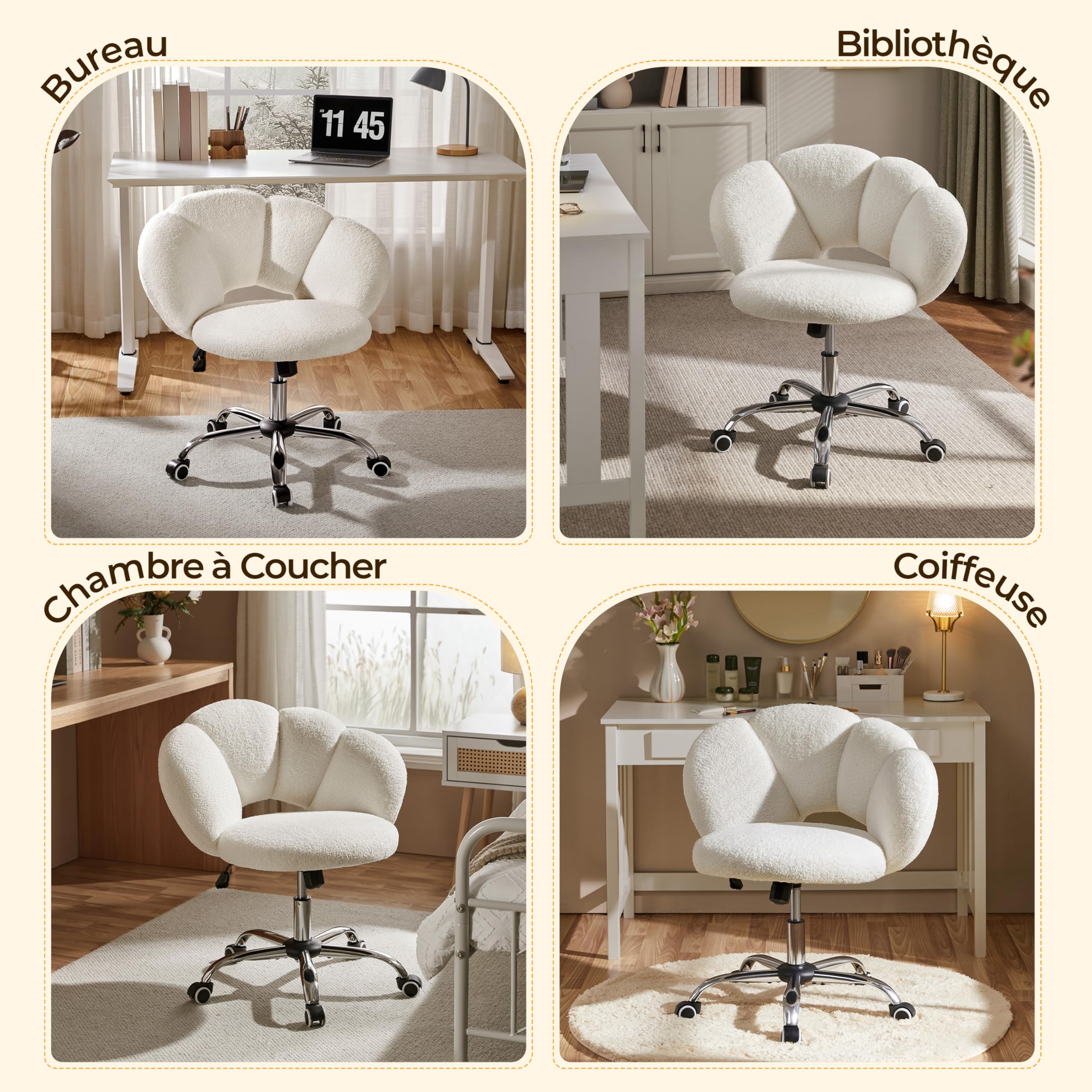 Yaheetech Chaise de Bureau Coiffeuse Pivotante avec Dossier Confort en Nuage Hauteur réglable Fauteuil Maquillage Respirant pour Bureau, Salon, Chambre Capacité 136 kg Blanc Bouclé