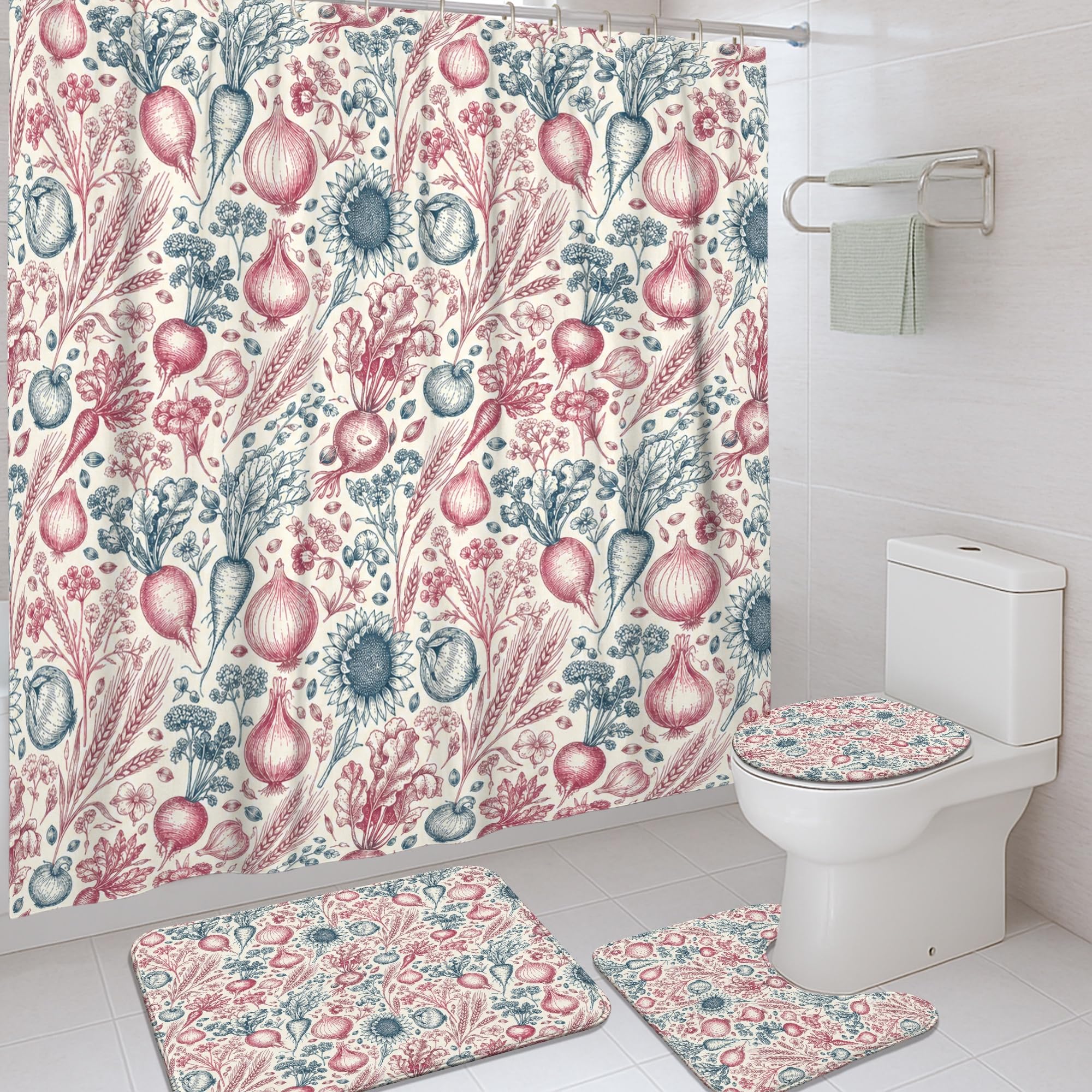 Rideau de douche en tissu de qualité supérieure imprimé légumes et fleurs
