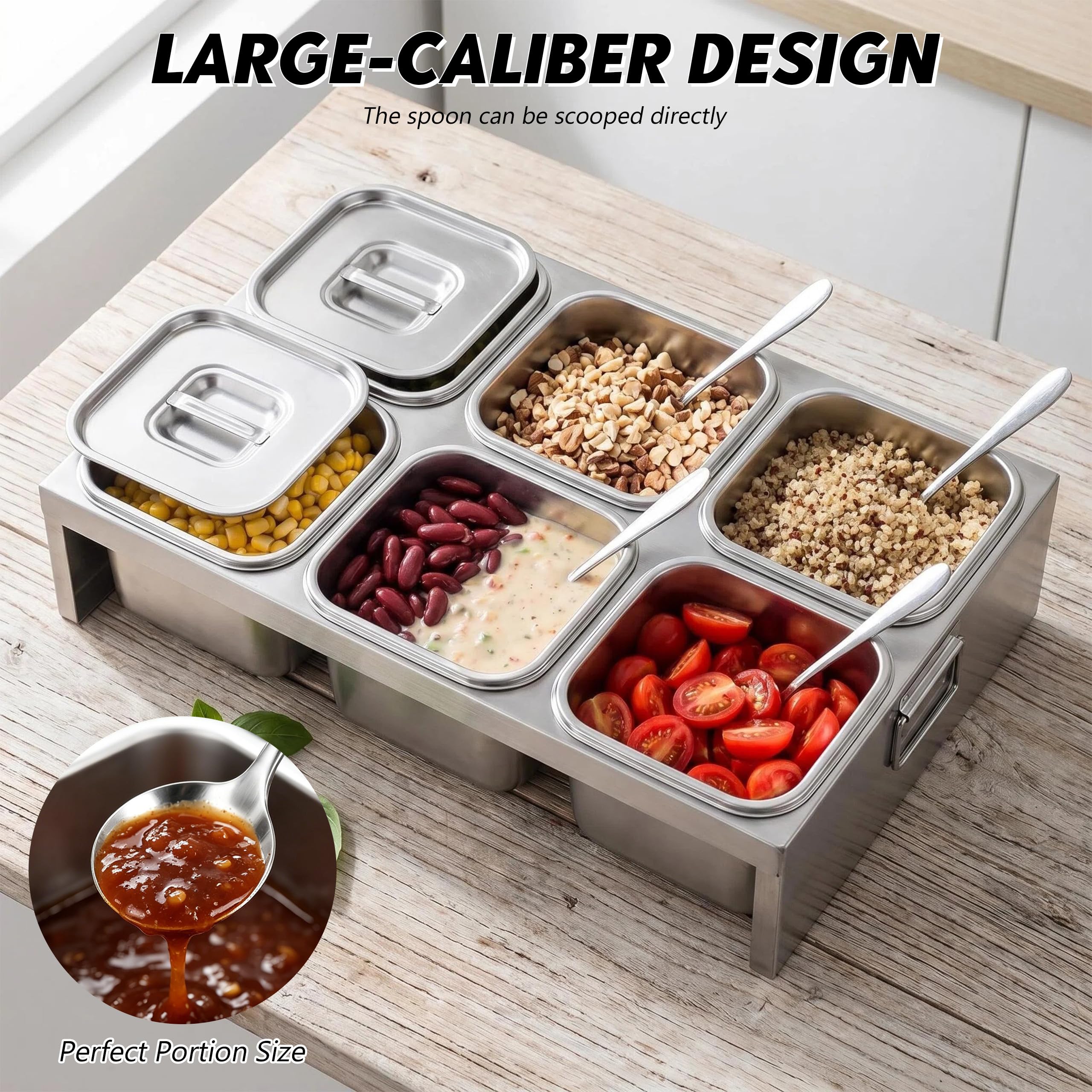 Station de garniture à pizza, récipient à ingrédients en acier | inoxydable avec couvercle et cuillère pour sauces, 6 compartiments, pour cuisine, restaurant et extérieur
