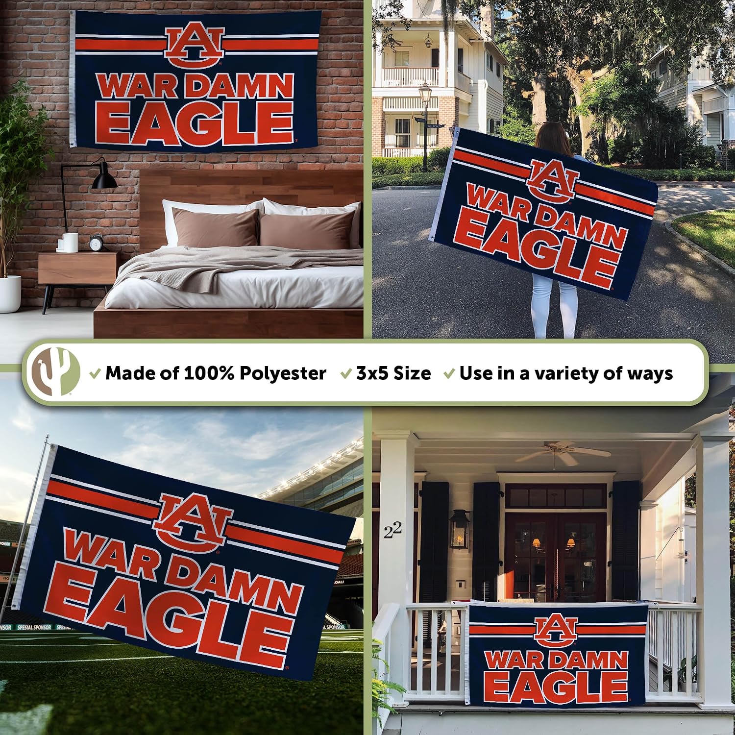 Desert Cactus Auburn University AU Flag - 3 x 5 Feet Tigers Banner, Indoor/Outdoor Durable Fabric, 100% Polyester Design (Style H)