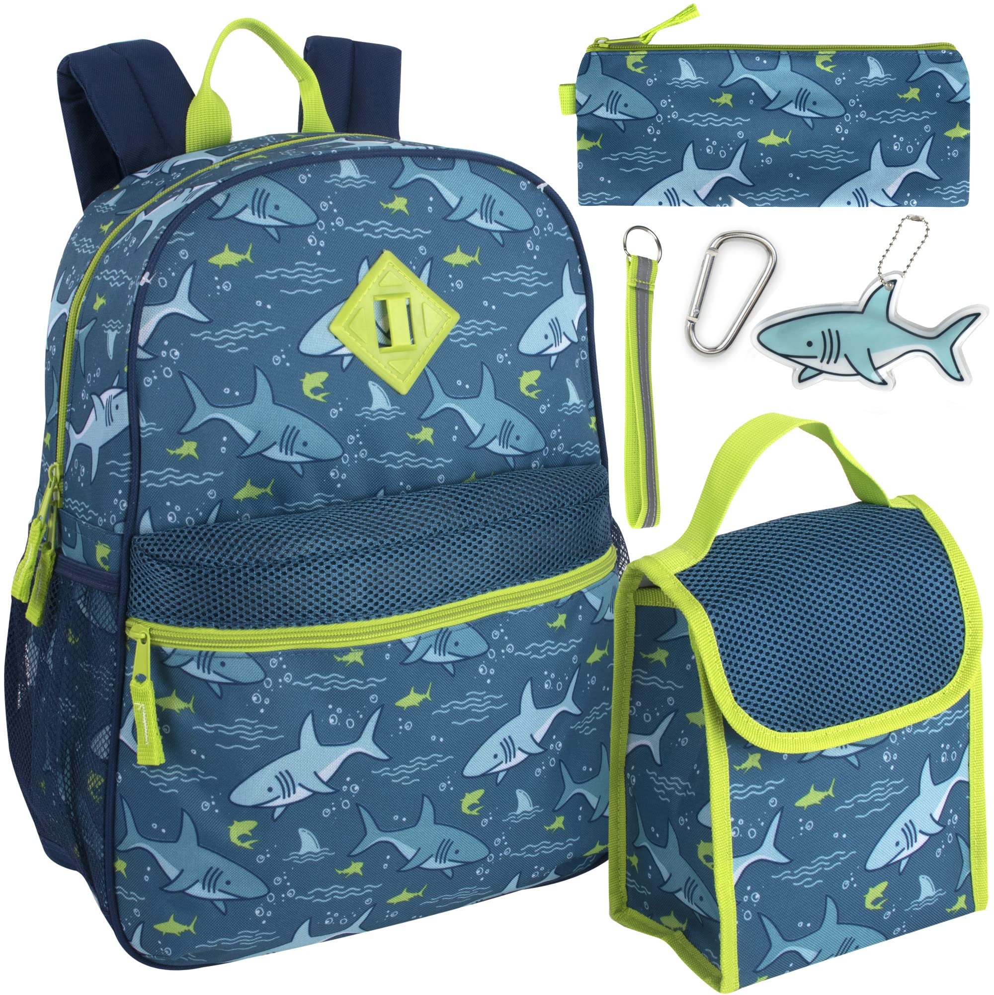 Trail makerBoy's 6 in 1 Backpack Set with Lunch Bag, Pencil Case, Ruler, Clip, and Wristlet Keychain, Salty Sea Sharks, L