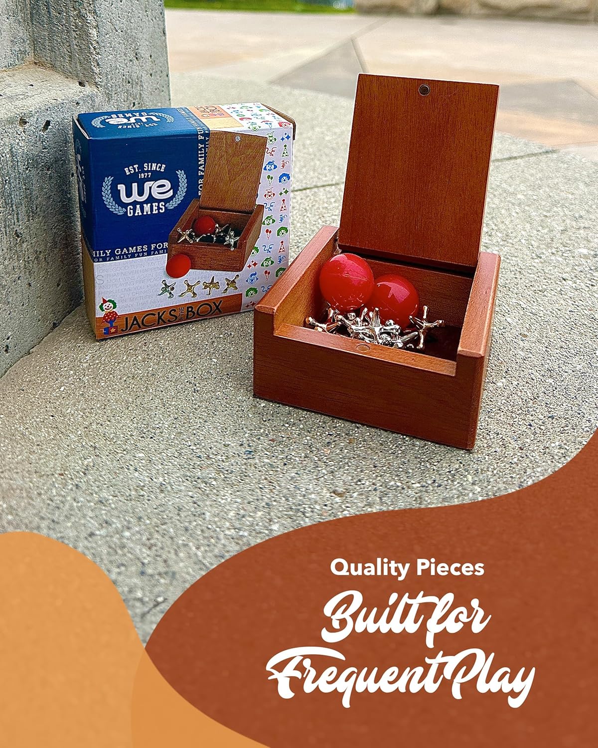 WE Games Metal Jacks Set – Classic Jacks Game with 2 Red Balls in Keepsake Wooden Box – Nostalgic Floor Game (Pack of 2)