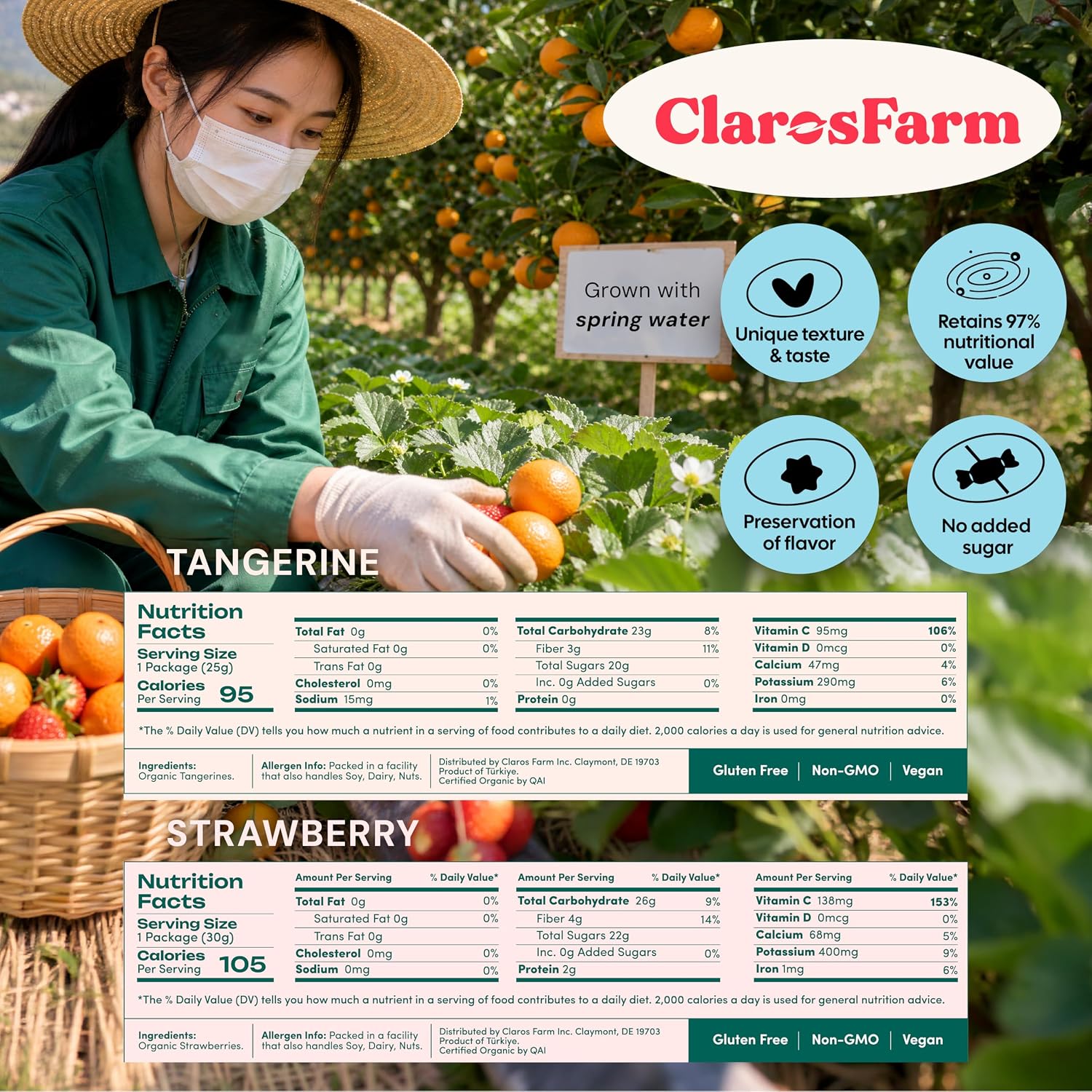 Claros Farm Freeze-Dried Fruit Bulk Strawberries & Tangerines Variety Pack – Single-Ingredient, Freeze Dried Fruit Snacks No Sugar Added – Vegan, Gluten-Free, & Organic Fruit Snacks for Kids (10-Pack)