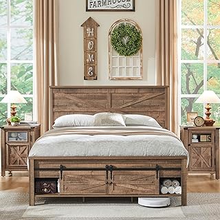 JXQTLINGMU Queen Farmhouse Wood Bed Frame with Sliding Barn Door Storage...