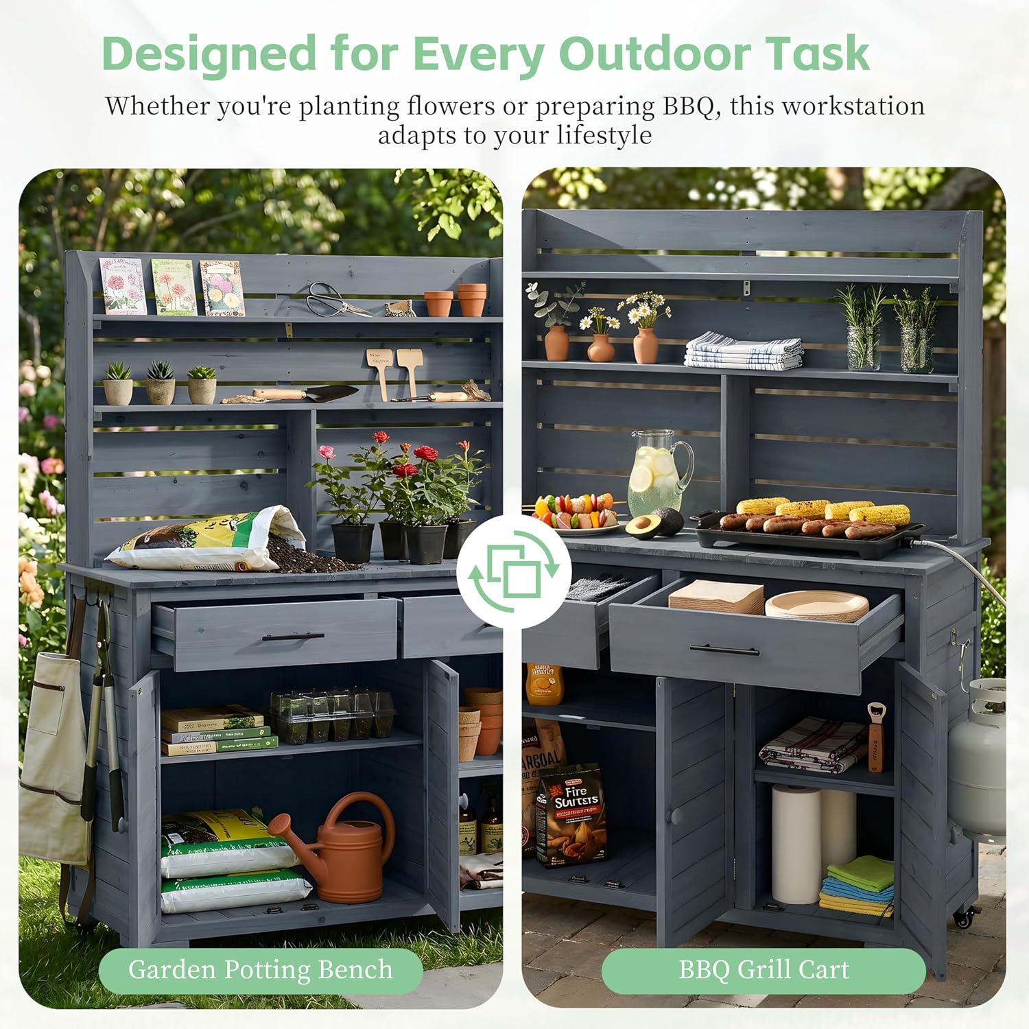 Merax Farmhouse Outdoor Potting Bench Table, 65''H Fir Wood Garden Wookstation with Storage Shelves, Drawers and Cabinets, Potting Table for Outside, Patio, Backyard, Easy Assembly,Grey