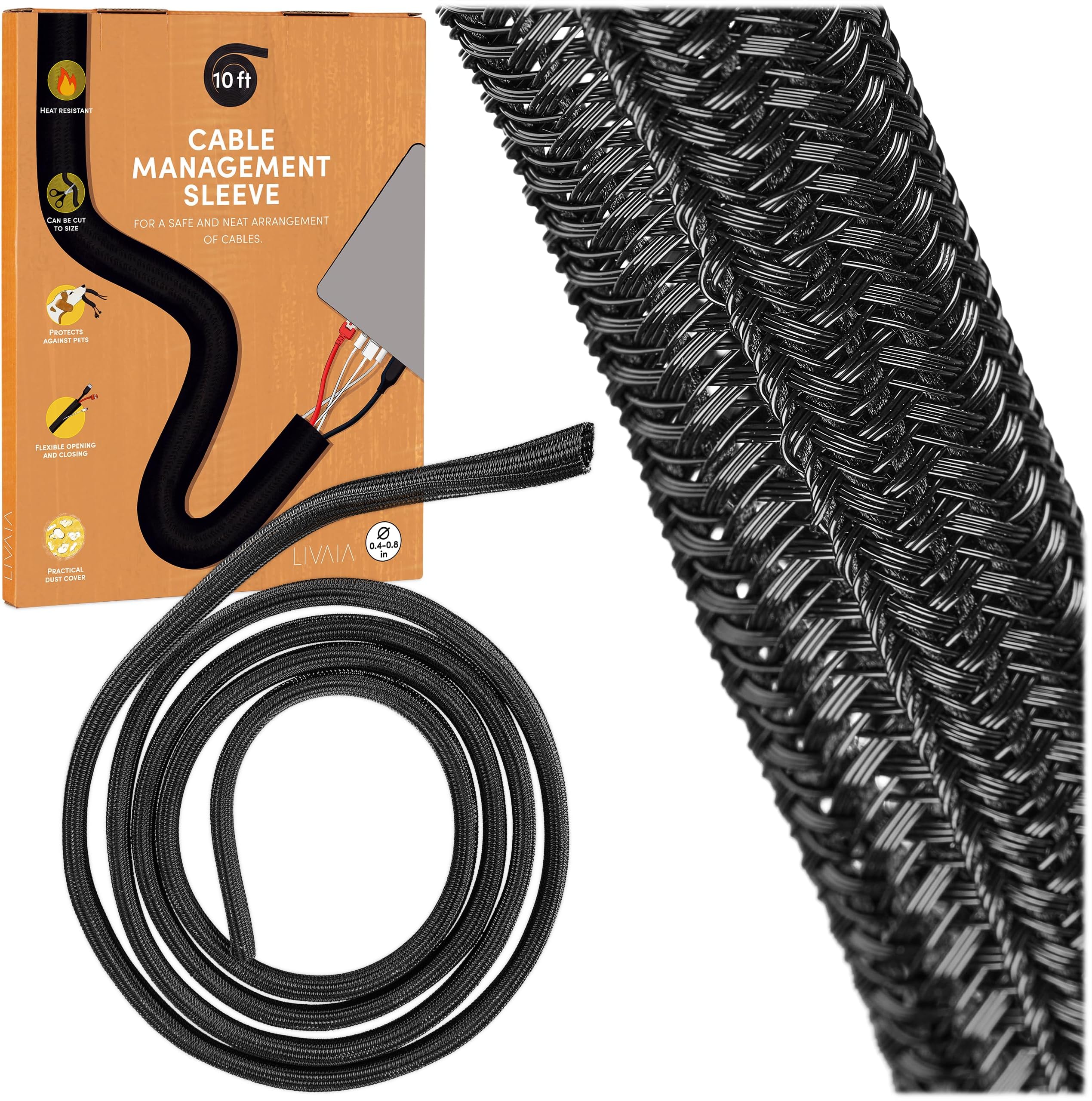 Cable Sleeve : self-Closing Black Cable Tidy Sleeve for Better Desk Cable Management - 0,47 inch to 0,79in x 10ft Cable Conduit White – cuttable Cable Protector and Computer Desk Organizer by LIVAIA