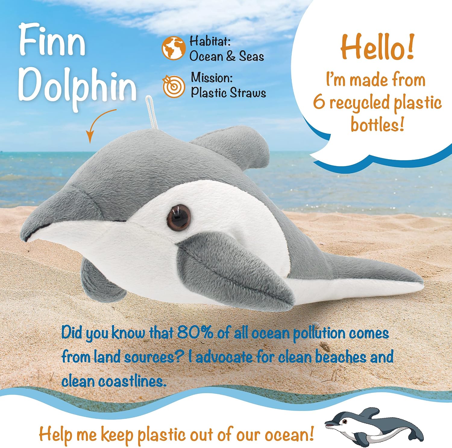 Shore Buddies 100% Made from Recycled Bottles | Authentic Sound Stuffed Ocean Animal | 12" Plush Toy | Save The Ocean with Every Purchase | Gift for Kids (Finn The Dolphin)