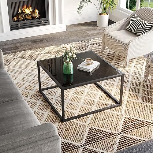 Miniatura 22 de SAYGOER Mesa de centro de cristal, mesa de centro pequeña y moderna, mesas centrales cuadradas simples para sala de estar, 26.7 x 26.7 x 17.7