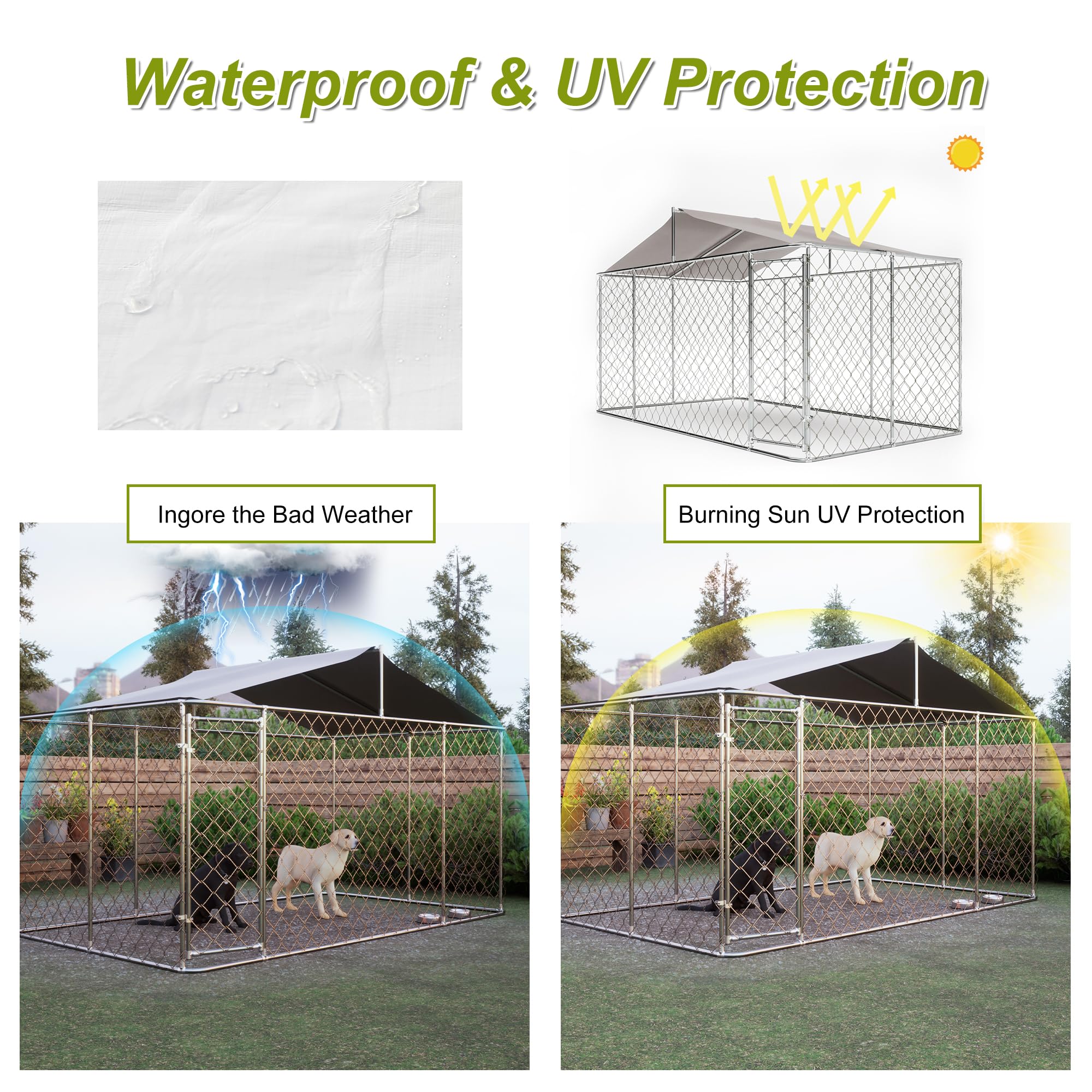 Chainlink Dog Kennel Outdoor Large Outdoor Dog Kennel 118x118x71 Inches -  Heavy Duty Galvanized Steel Enclosure With Waterproof Cover Dog Run