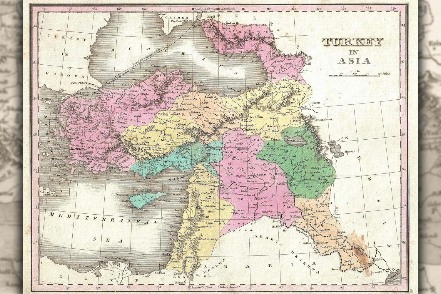 42"x63" Poster, 1827 Finley Map of Turkey in Asia, Iraq and Israel- Palestine - Gallery Print