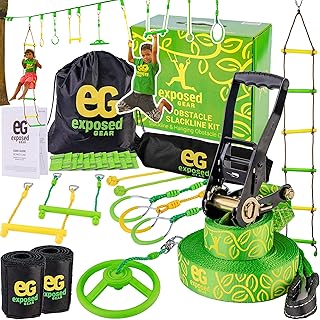 Ninja Warrior Obstacle Course for Kids | 50 feet Ninja Slackline Kit | Including Climbing Ladder Ninja Wheel and More | Perfect Kids Obstacle Course