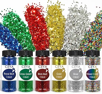 Ceya Bulk Chunky Glitter 6 Assorted Colors, 4.23OZ Each Jar Crafts Christmas Glitter, 1/24 Medium Size Nail Sequins for School Classroom Art,DIY Craft Slime Poster Card,Red,Blue,Silver,Gold,Green,Mix