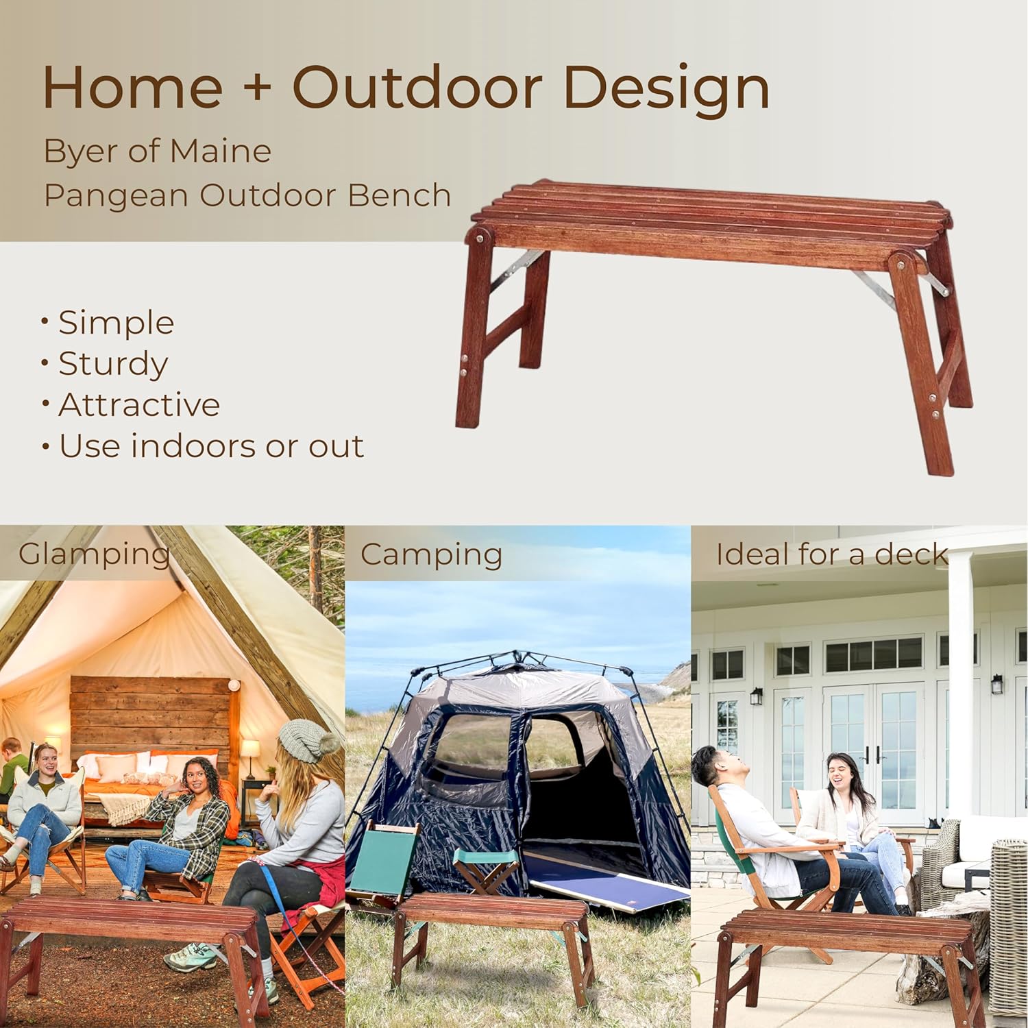 BYER OF MAINE Pangean Outdoor Wooden Bench, Foldable Bench for Indoor and Ourdoor, Home Furniture, 20 lbs - 14.5 x 40 x 18.5 Inches H