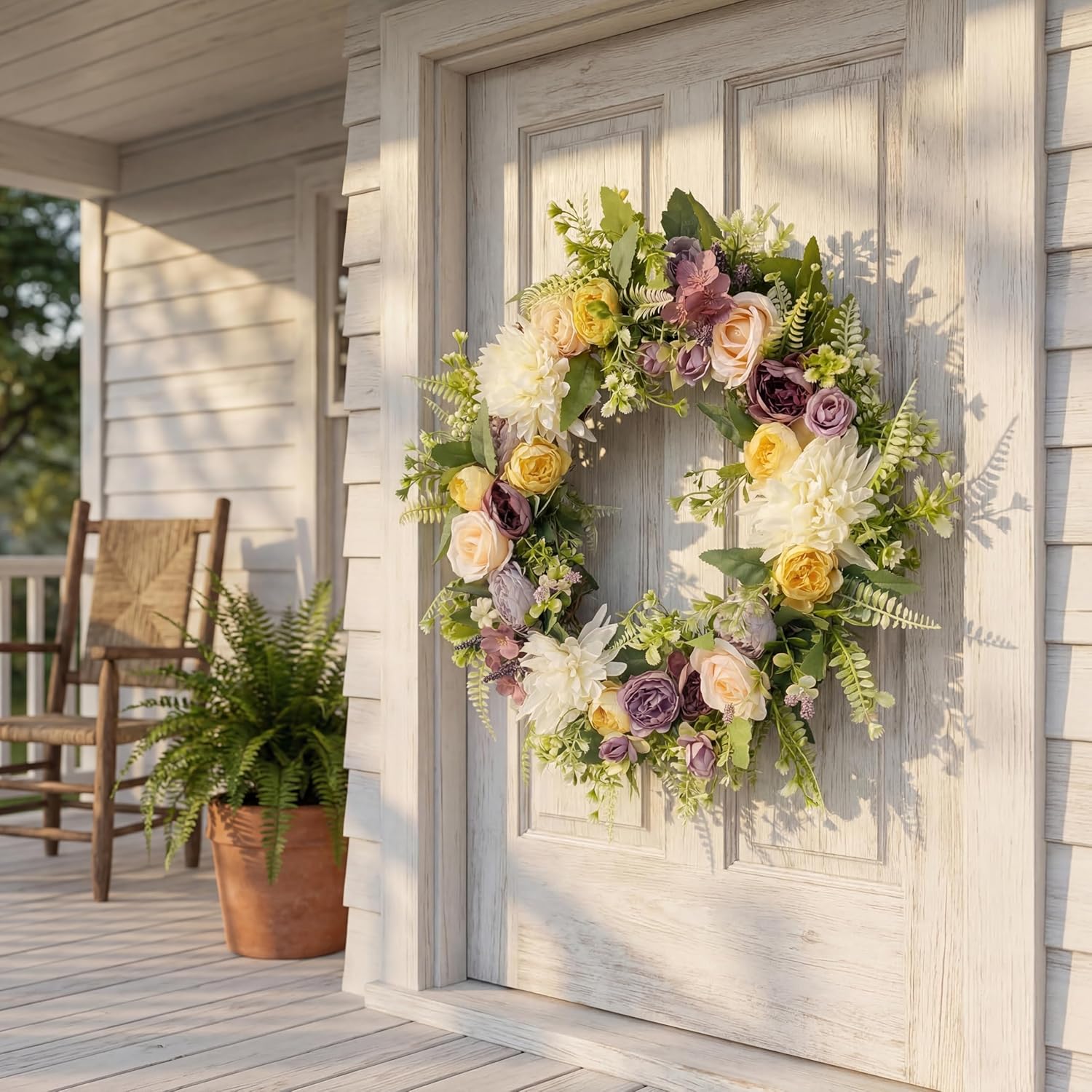 Spring Wreath for Front Door - 20 Inch All Season Outdoor Wreath with Artificial Roses and Hydrangeas - Weatherproof Door Decor for Home, Farmhouse, Entryway, and Spring Decor