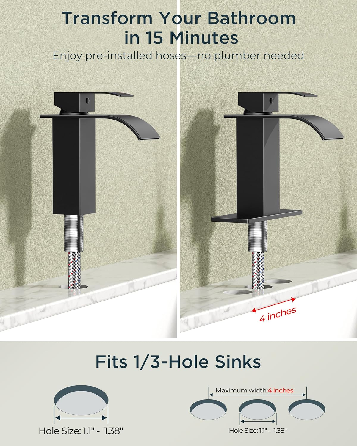FORIOUS Matte Black Waterfall Bathroom Faucets 1 or 3 Hole, Vanity Single Bathroom Sink Faucet with cUPC Supply Line and Pop Up Drain, Suitable for Basin, Rv, Restroom Sink