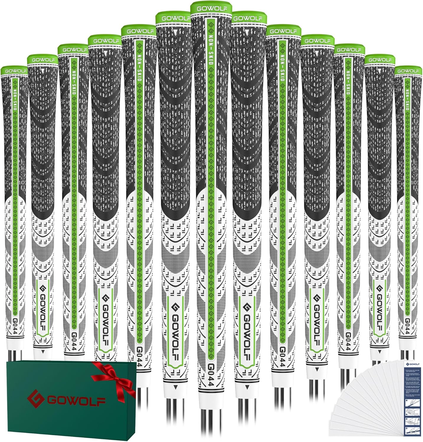 Gowolf Premium Cross Corded Natrual Rubber Golf Grips 13 Pack, Back Rib Improved Control Multi-compound Hybrid Golf Club Grips with 15pc Tapes or Full Kits