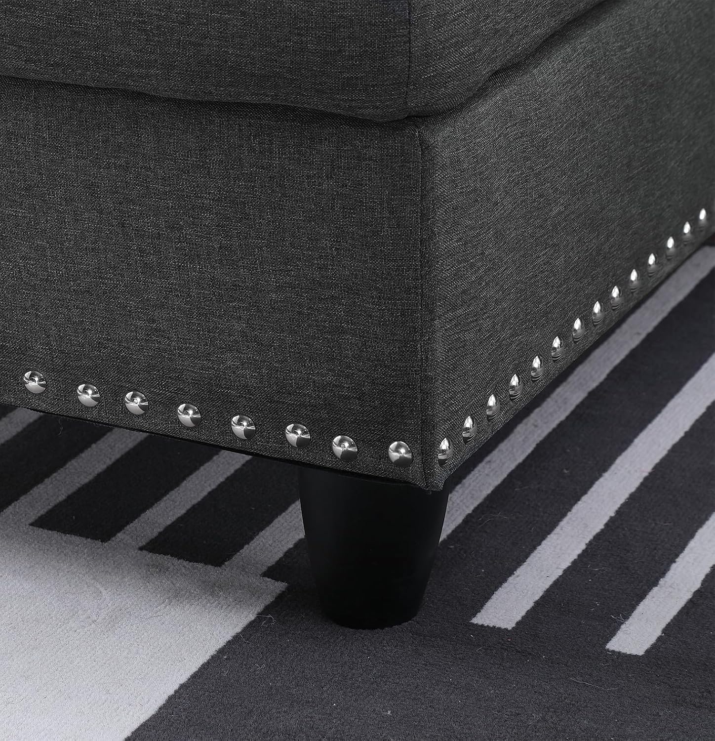 L-Shaped Sectional Sofa with Storage Ottoman, Linen Upholstery 3-Seat Couch with Pillows, Nailhead Trim, Tufted Cushions, Pull-Down Middle Seat with Cup Holders, 98”W x 71”D x 33”H – Dark Grey