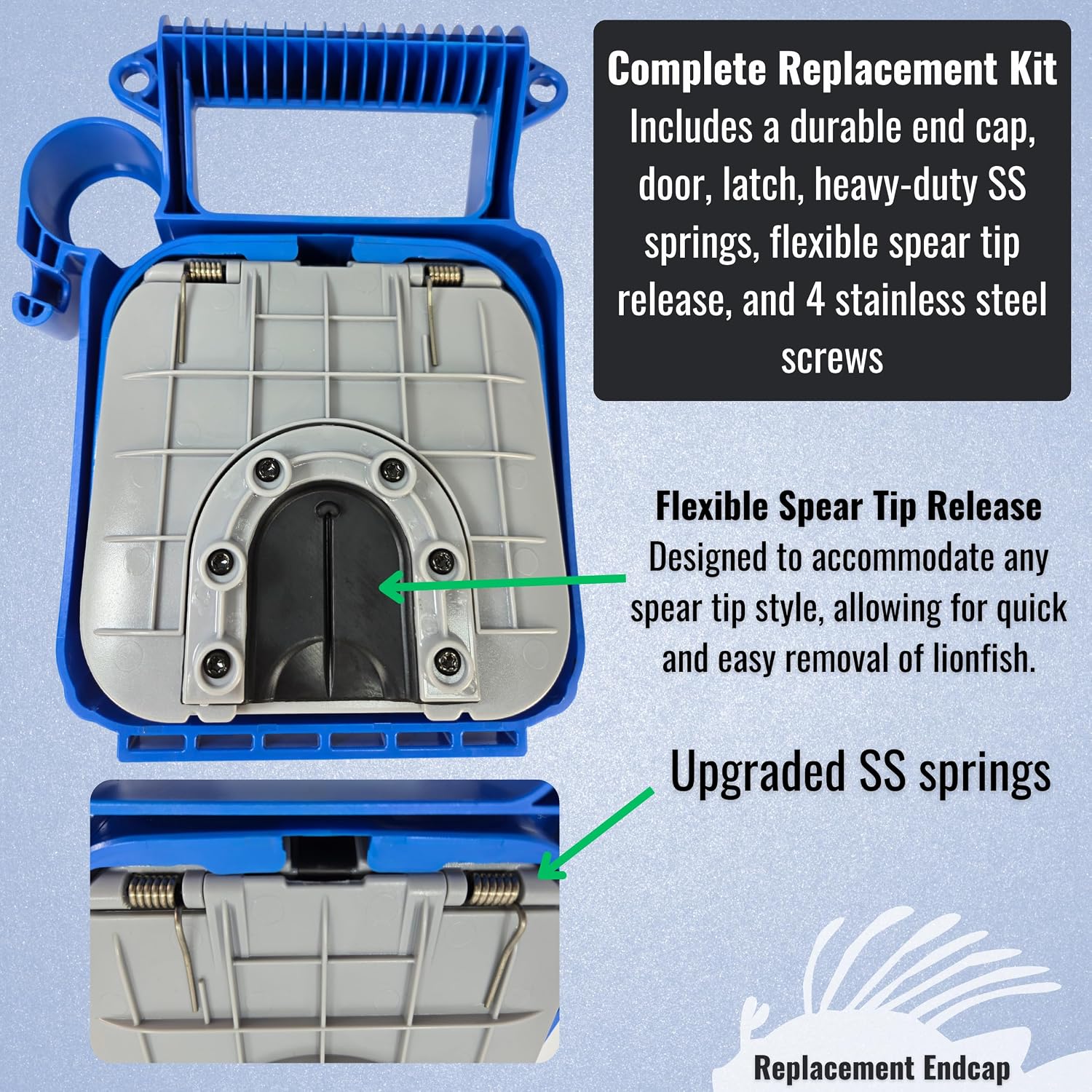 Replacement Lionfish Locker Handle End Cap Assembly Includes Door, Springs, Latch (Blue)
