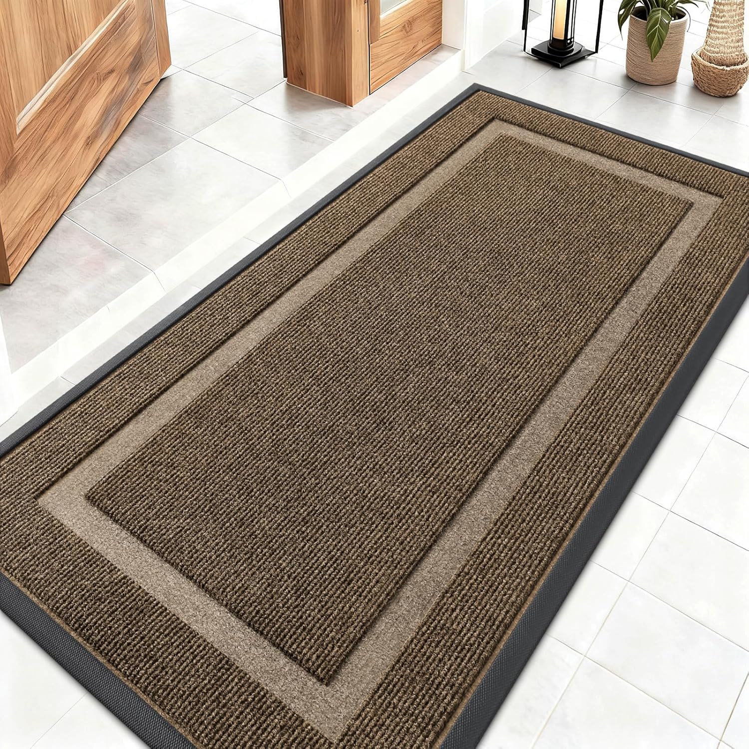 olanly front door mat indoor outdoor entrance, waterproof all-season, all-weather doormat, sturdy natural rubber, fade resistant, low profile, easy clean patio porch entryway mat, 47x23, brown brown classic border rectangular 47" x 23"