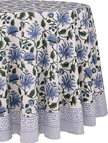 Miniatura 2 de ATOSII - Mantel redondo de 100% algodón, Taj, con estampado floral a mano, de lino, para cocina, comedor, fiestas, bodas, exteriores, 72 pulgadas,