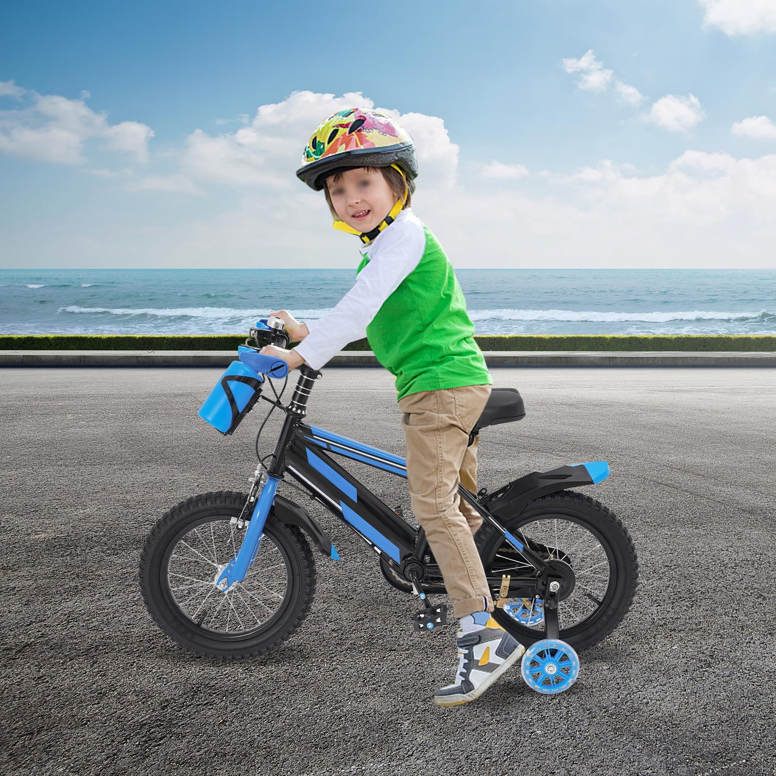 14 Zoll Kinderfahrrad für ab 3-7 Jahre Jungen & Mädchen, Upgraded Blau Kinder Fahrrad mit Stützrädern, Höhenverstellbar Kinderfahrräder mit Schutzblech und Trinkflasche für Outdoor Reiten