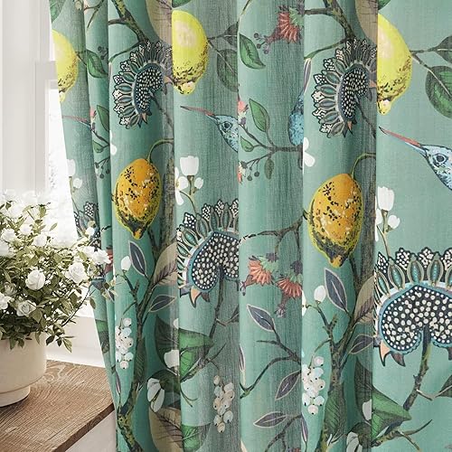Sage Green Vintage Floral Linen Curtains 84 Inch Length 2 Panels for Living Room Bedroom Luxury Whimsical Lemon Hummingbird Patterned Semi Sheer Drapes Waverly Mid Century Colorful Home Deco