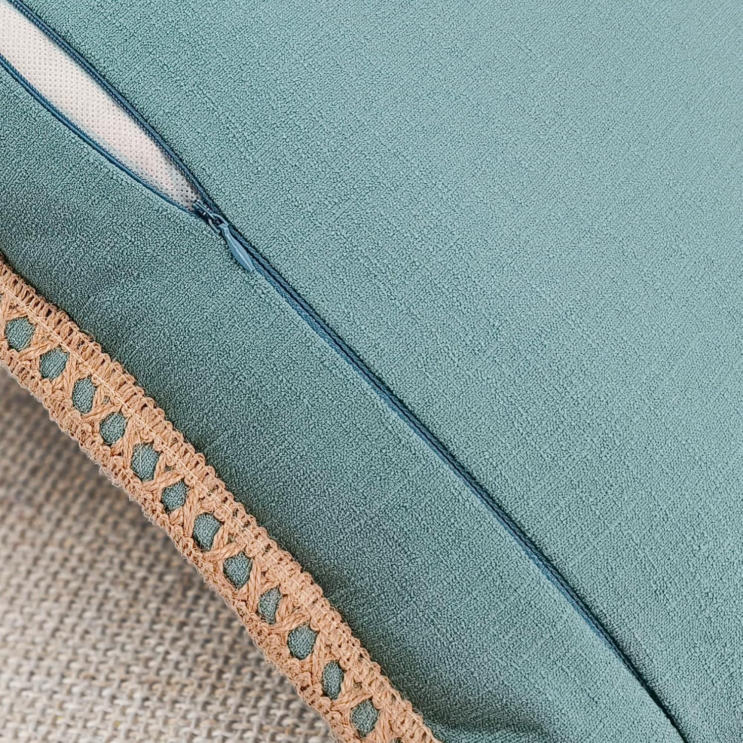 Set of 2 Farmhouse Throw Pillow Covers - Burlap Linen Trimmed Tailored Edges Decorative Cushion Covers for Bed Home Outdoor Decoration (2 Pieces, 18" x18", Teal Green/Linen Band) - Image 3