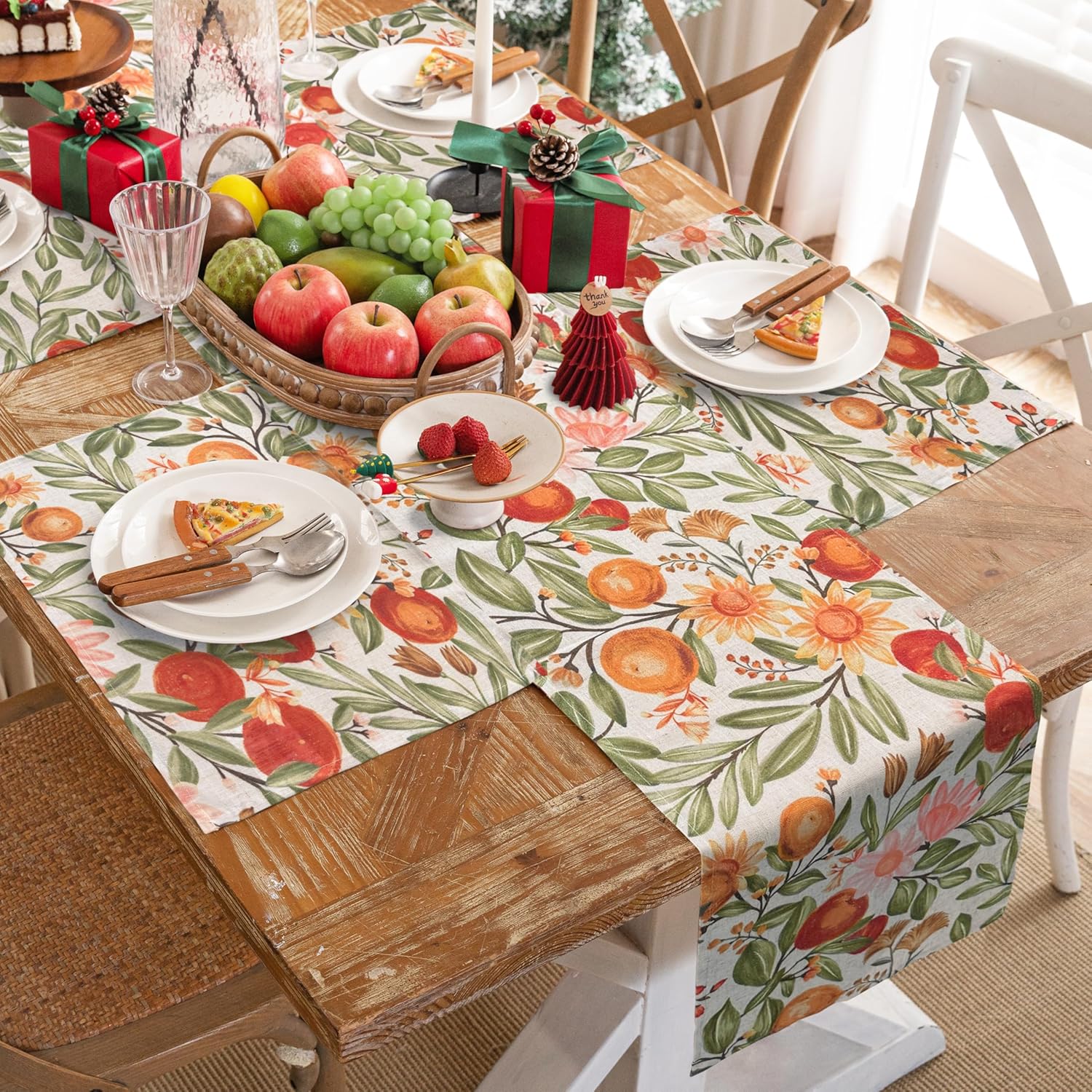DriftAway Orange Harvest Linen Table Runner Rectangle Dining Table Cover for Thanksgiving Floral Autumn Fall Printed Vintage Pattern Wrinkle Free Machine Washable 13 x 72 Inch Orange Coral Gold