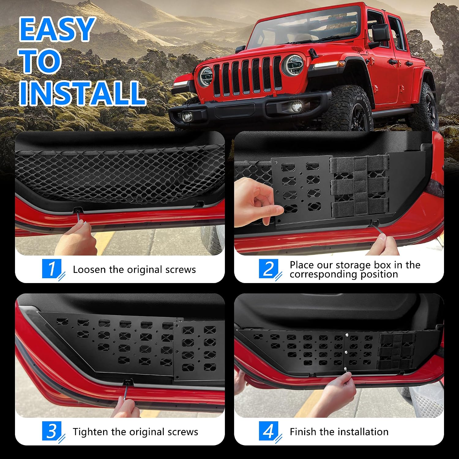 Metal Front Door Storage Box Pockets with Cup Holders for 2018-2025 2026 Jeep Wrangler JL JLU 4XE Gladiator JT 2/4 Door Interior Accessories Side Insert Box Expansion Organizer, 2 PCS