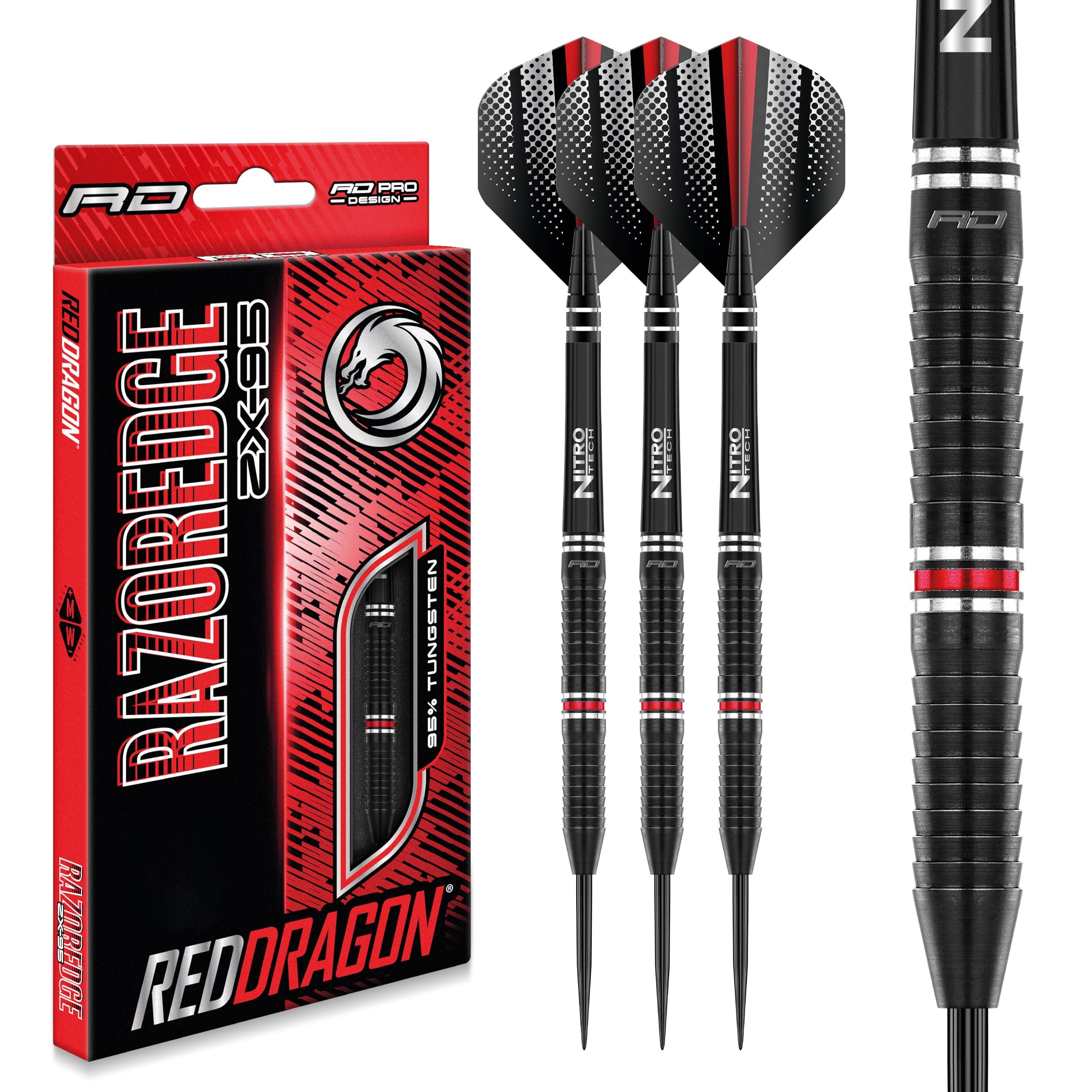 RED DRAGON Razor Edge ZX-95-22 gram Tungsten Professional Darts Set with Flights and Nitrotech Shafts (Stems)