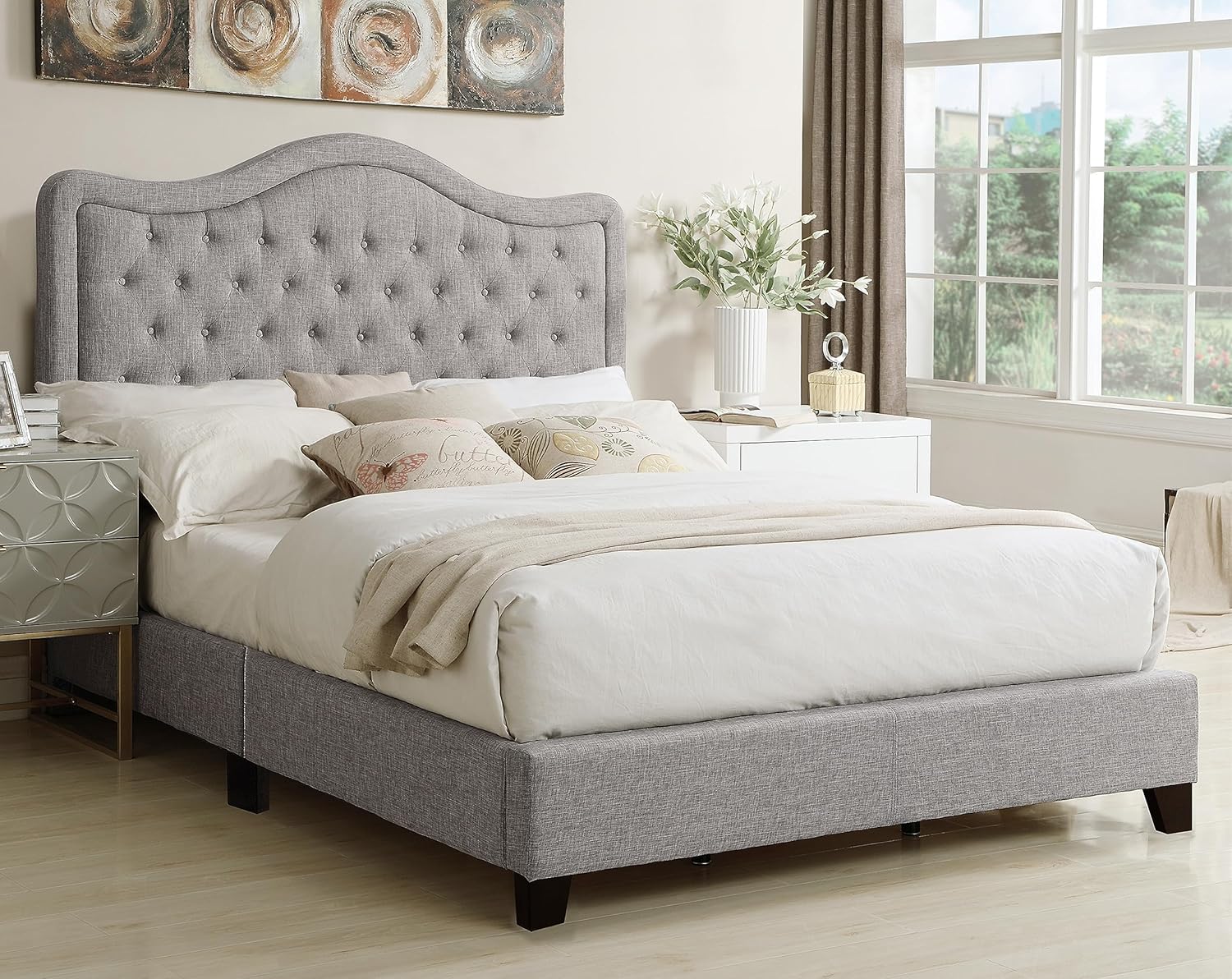 Rosevera Twin Grey Upholstered Bed Frame - Luxurious Headboard, Elegant Platform Design, Ideal for Transforming Your Bedroom into a Haven of Comfort