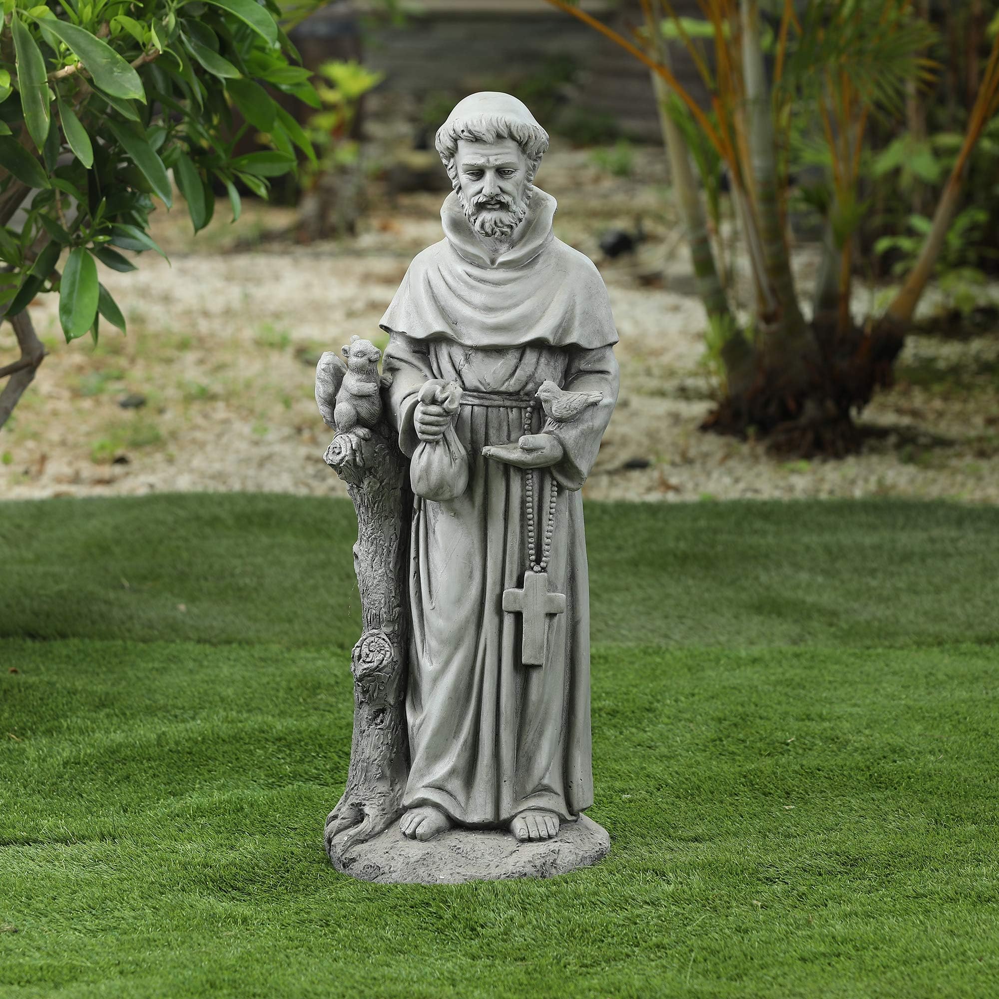 LuxenHome St Francis Statue, 31'' MgO Catholic St Francis Garden Statue Outdoor, Holy Religious Garden Statue for Patio/Garden/Outdoor Decor, Yard Decorations Outdoor, Gray Garden Sculptures