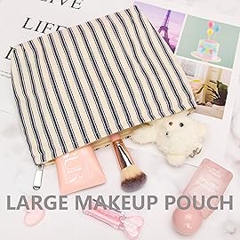 PAZIMIIK Makeup Bag Large Cotton Zipper Pouch for Purse Travel Canvas Make Up Organizer for Women Cosmetic,Vintage Stripe Navy Blue