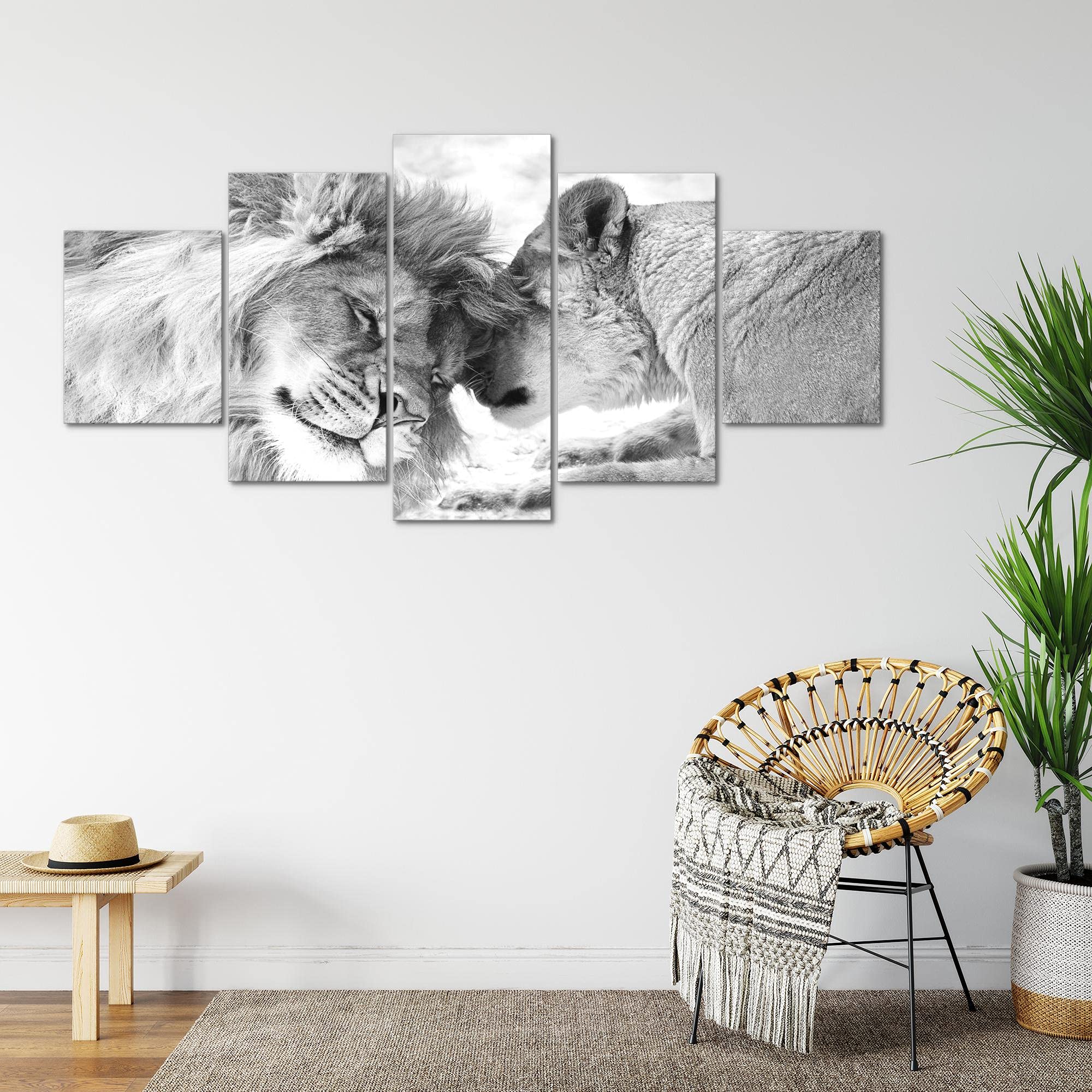Runa Art - Quadri Leoni Amore 200 x 100 cm 5 Pezzi XXL Decorazione Murale Design Bianco E Nero 002151c
