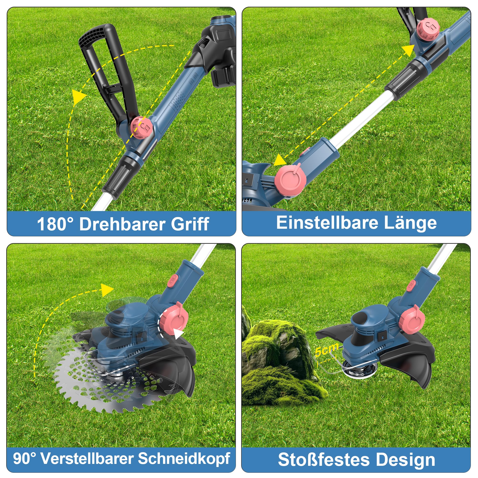 Rasentrimmer mit 21V,freischneider mit unkrautbürste,Freischneider akku | 6 Klingentypen,inkl 2×4.0Ah Akku & Ladegerät,750W Bürstenloser 2-in-1 Motor-Light Blue