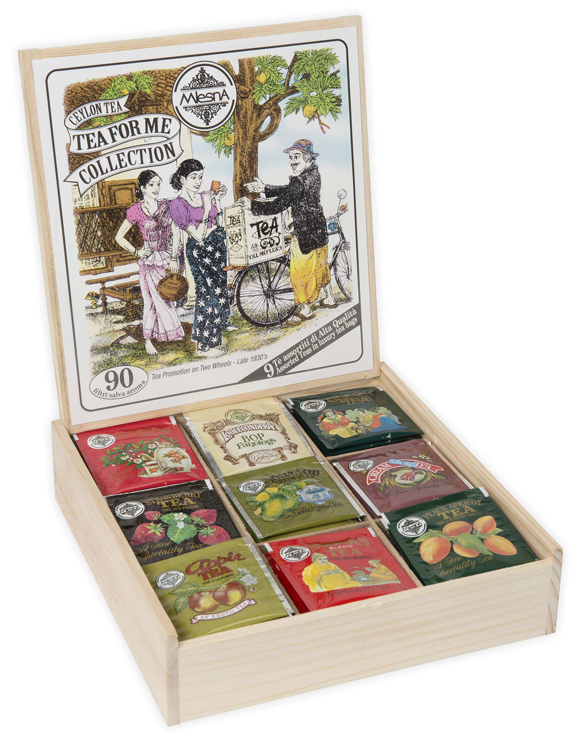 Mlesna Tea for Me Collection, Tè di Ceylon Assortiti, 90 Filtri in Bustine Singole, 9 Varietà, Scatola Regalo in Legno, Tè Puro con Aromi Naturali