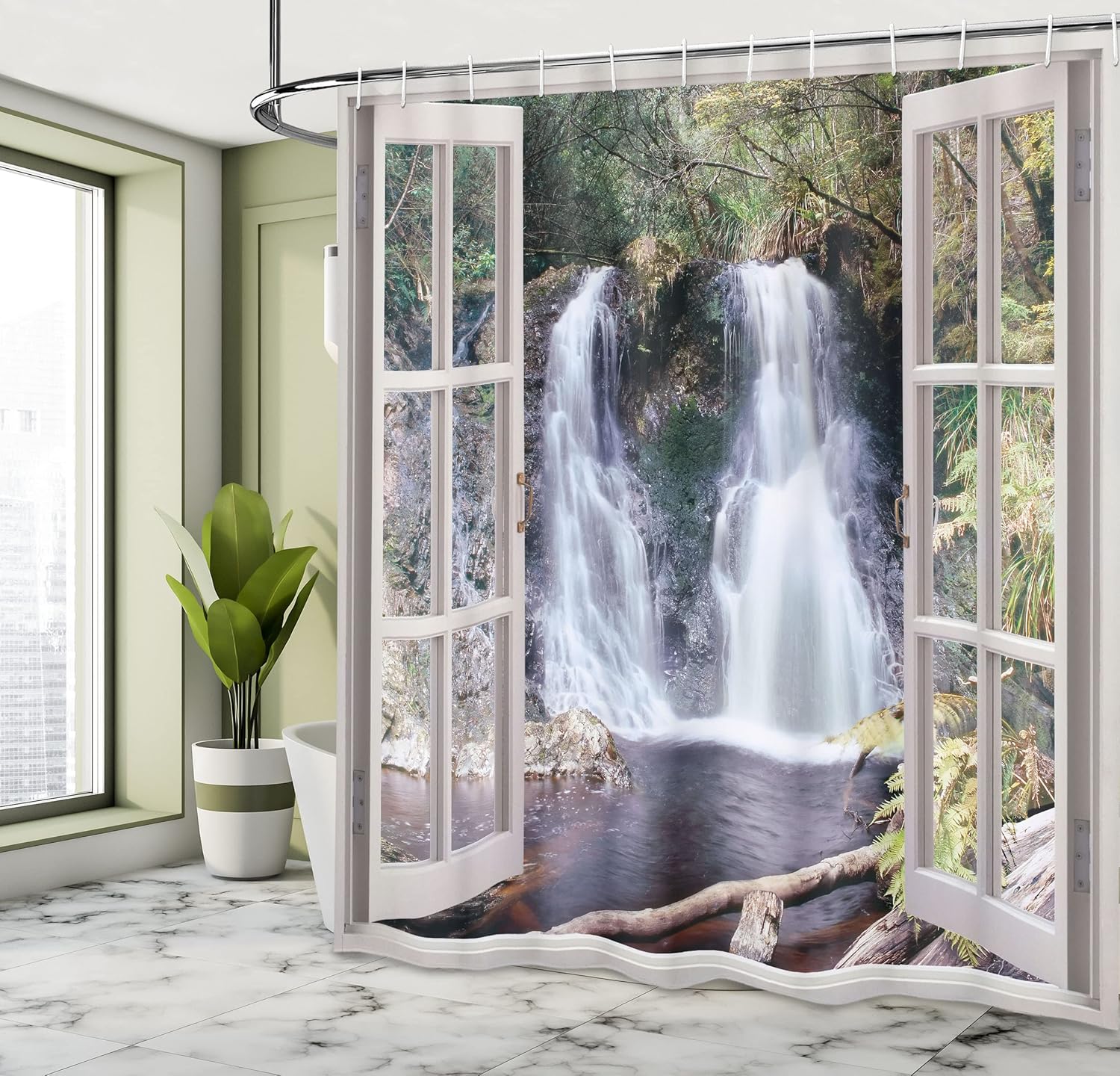 Ambesonne Waterfall Shower Curtain, Little Waterfall Nestled in The National Park Panoramic Fresh Environment River, Cloth Fabric Bathroom Decor Set with Hooks, 69" W x 75" L, Brown Green