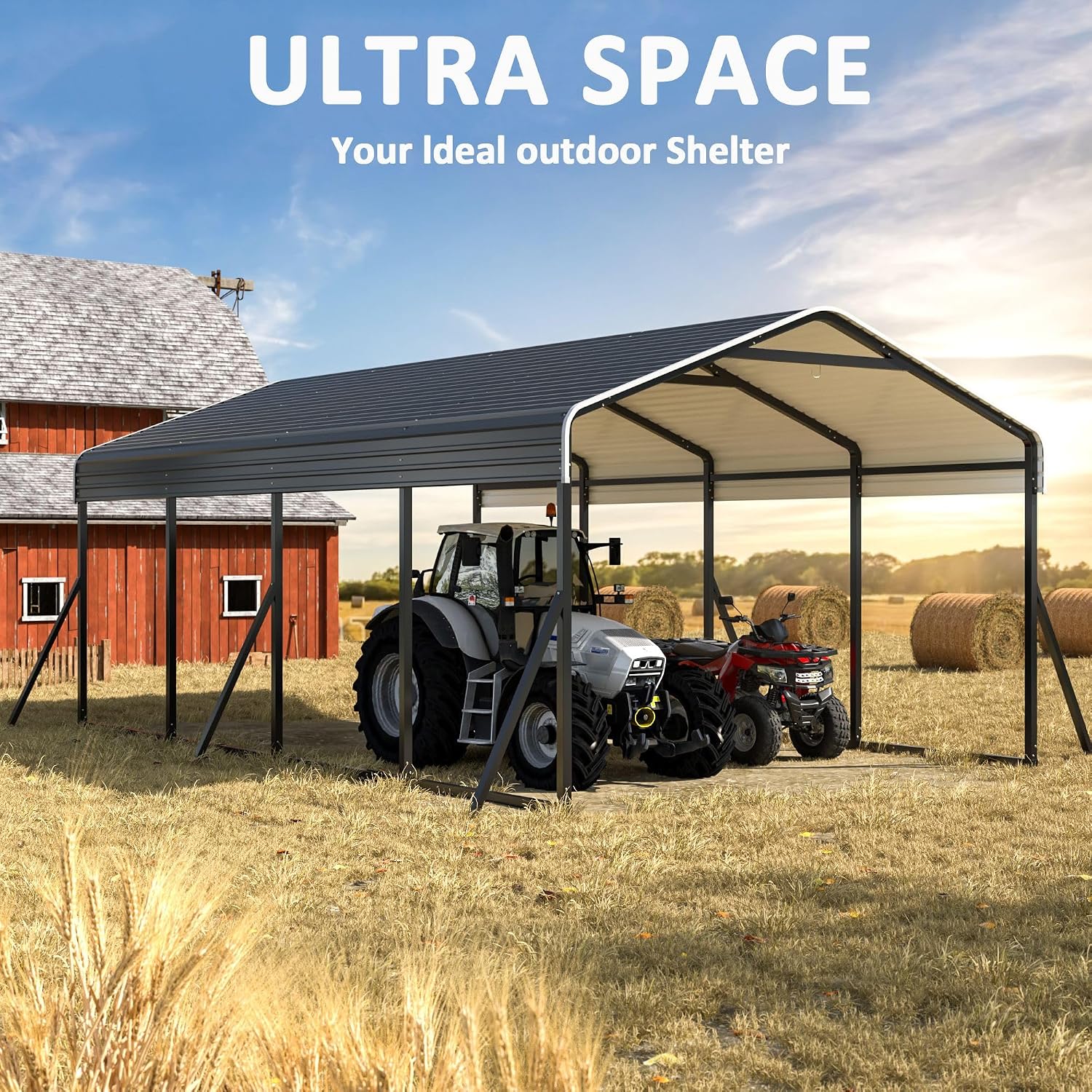 DAUSOLA 12x20 FT Metal Carport, Heavy Duty Carports Canopy with Updated Enhanced Base and Roof for All-Weather Use, Outdoor Galvanized Car Shelter, Car Port Garage for Car, Boats and Tractors, Grey