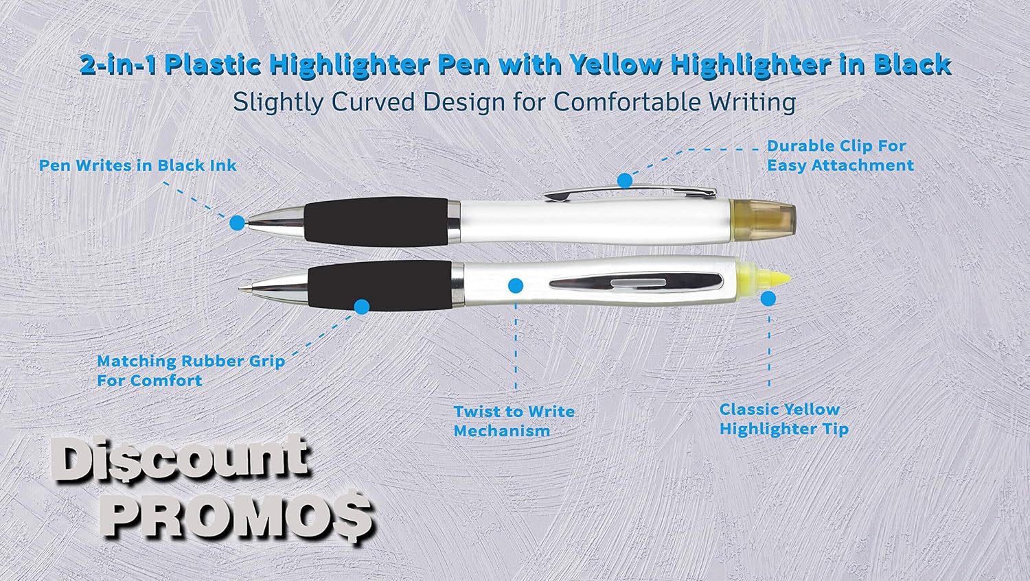 DISCOUNT PROMOS 10 Plastic Highlighter Pens Pack - Rubber Grip, Black Ink - Black
